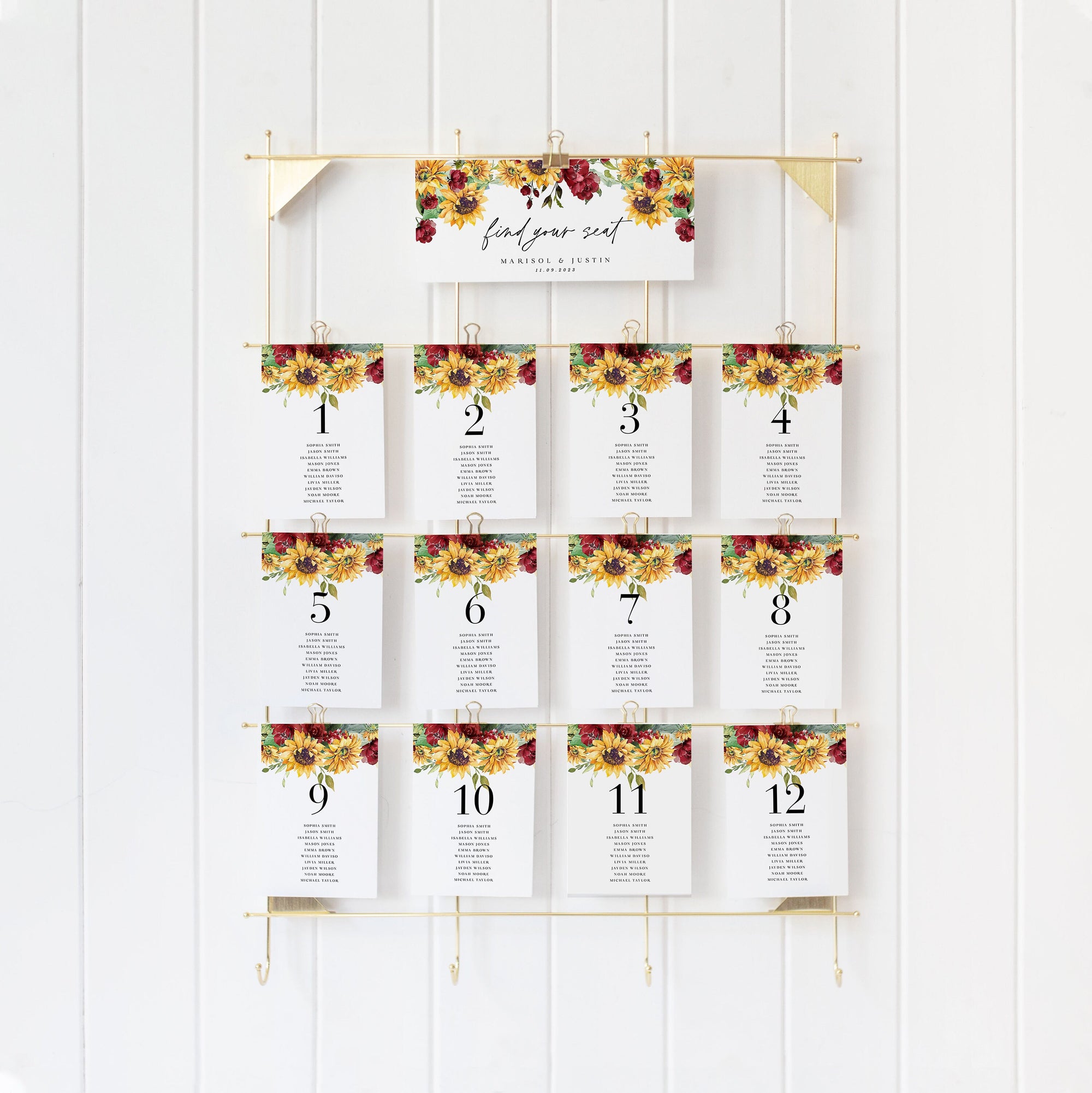 RUBY Wedding Seating Chart Cards Template with Sunflowers