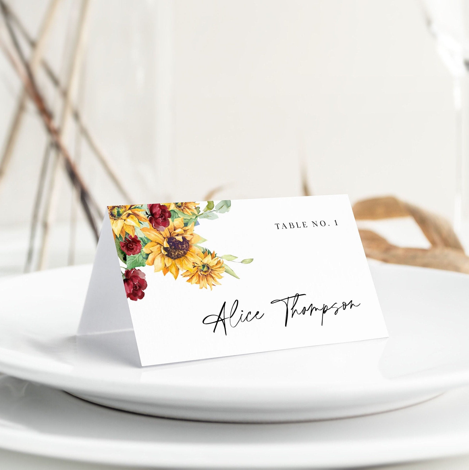 RUBY Printable Wedding Name Place Cards Sunflower