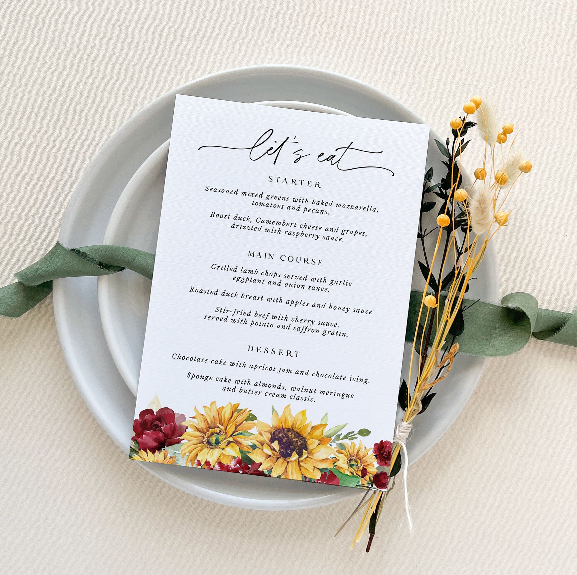 RUBY DIY Wedding Menu Cards with Sunflower Rustic