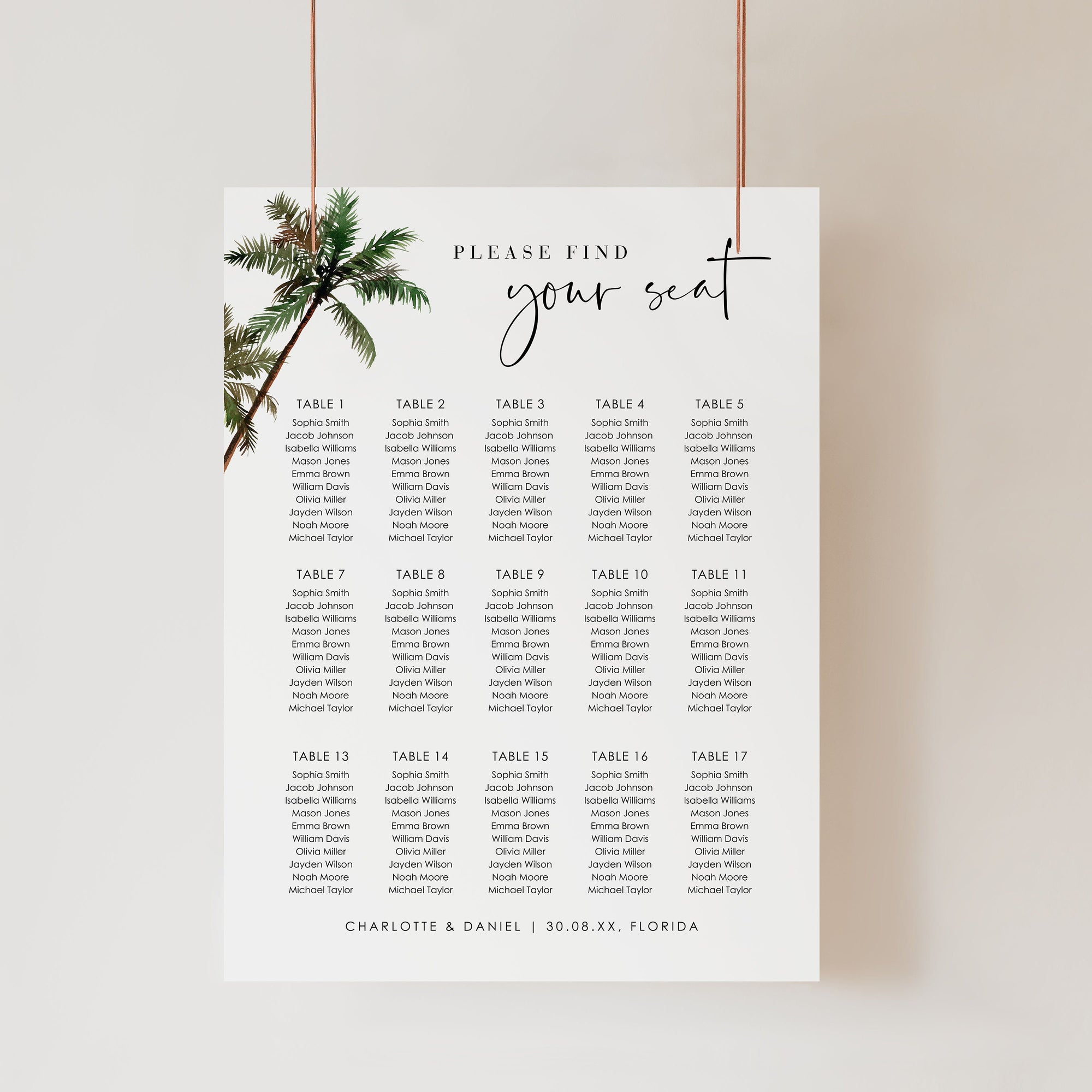 KONA Palm Tree Seating Chart Wedding Template