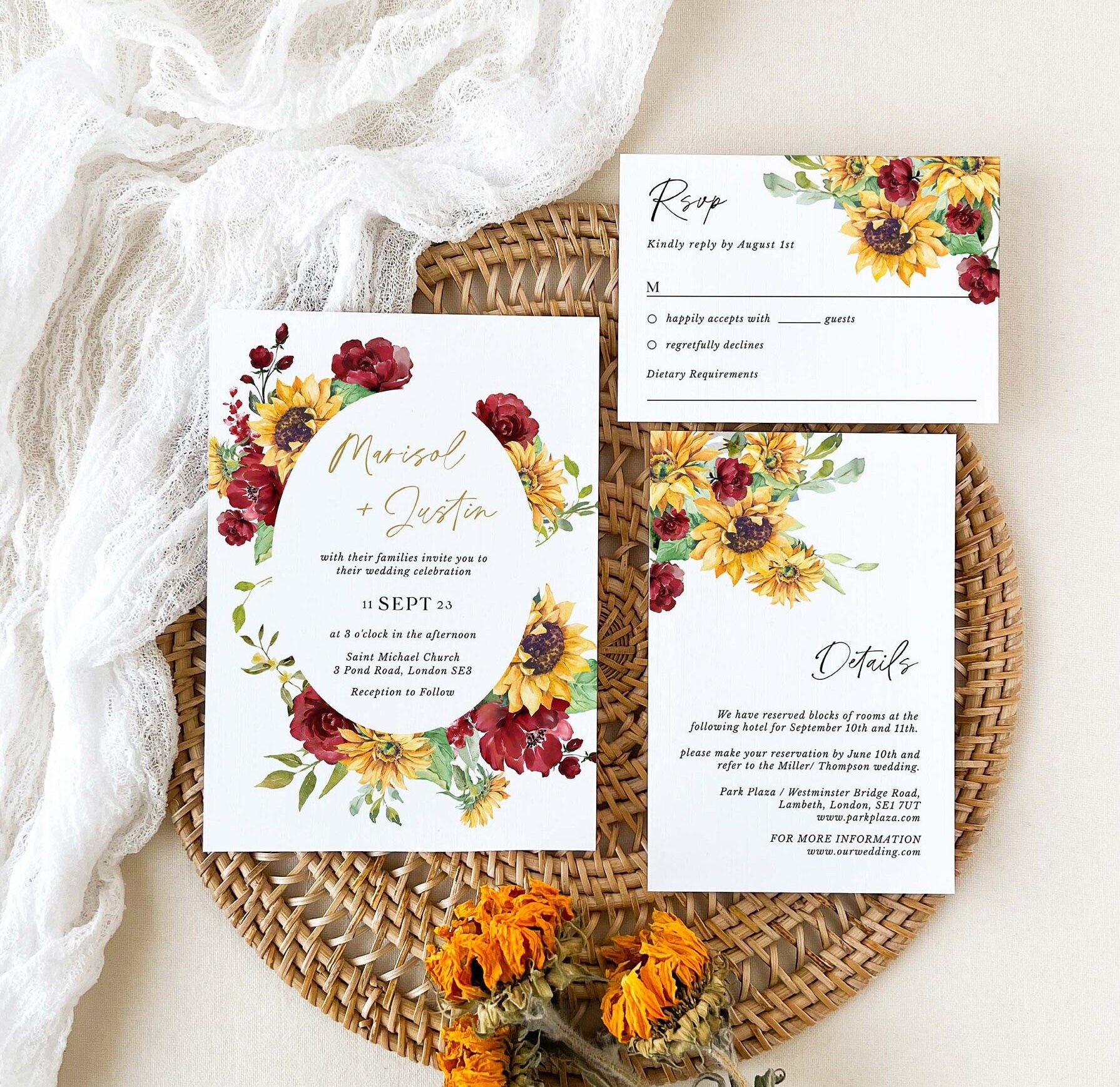 RUBY Printable Sunflower Wedding Invitation Template Bundle