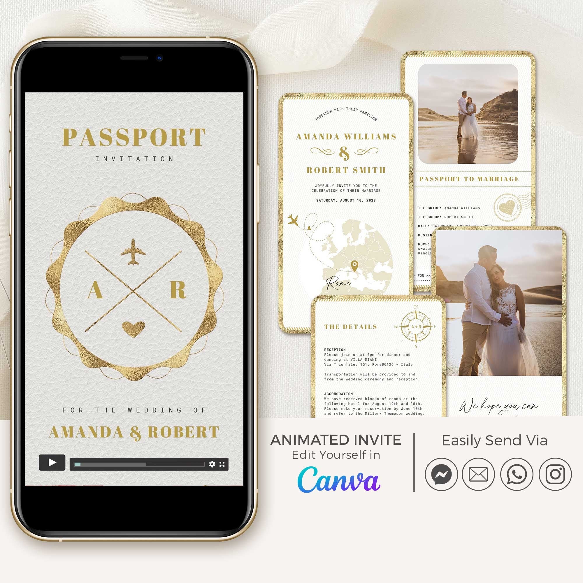 Passport Wedding Invitation Video Template - White & Gold
