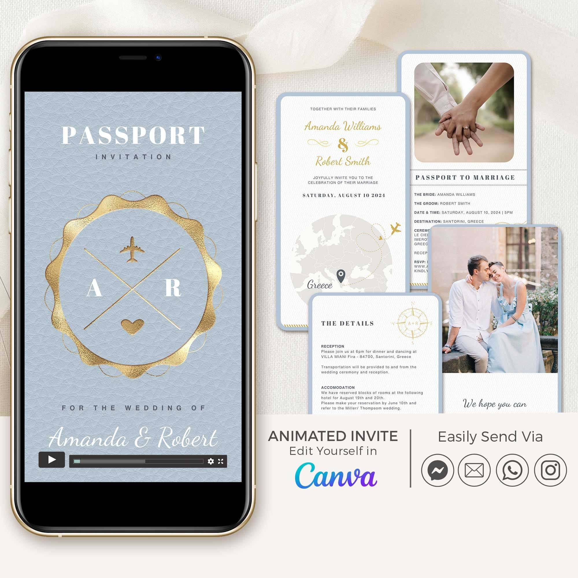 Passport Wedding Invitation Video Template - Dusty Blue