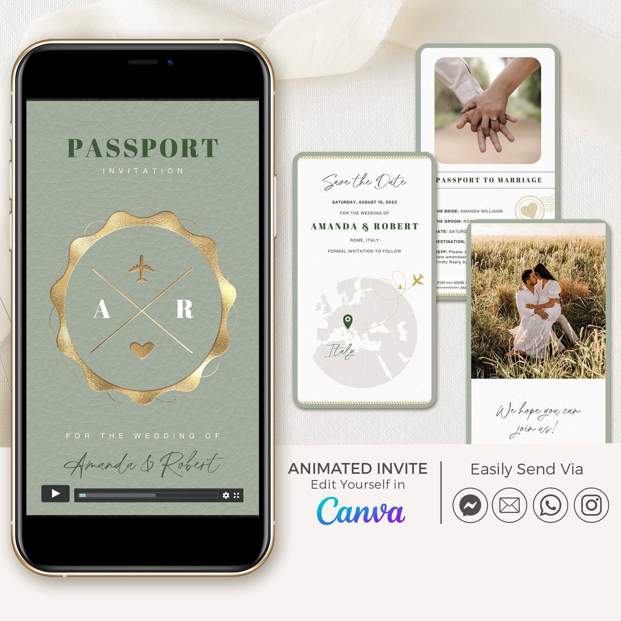 Passport Save the Date Video Template - Sage Green