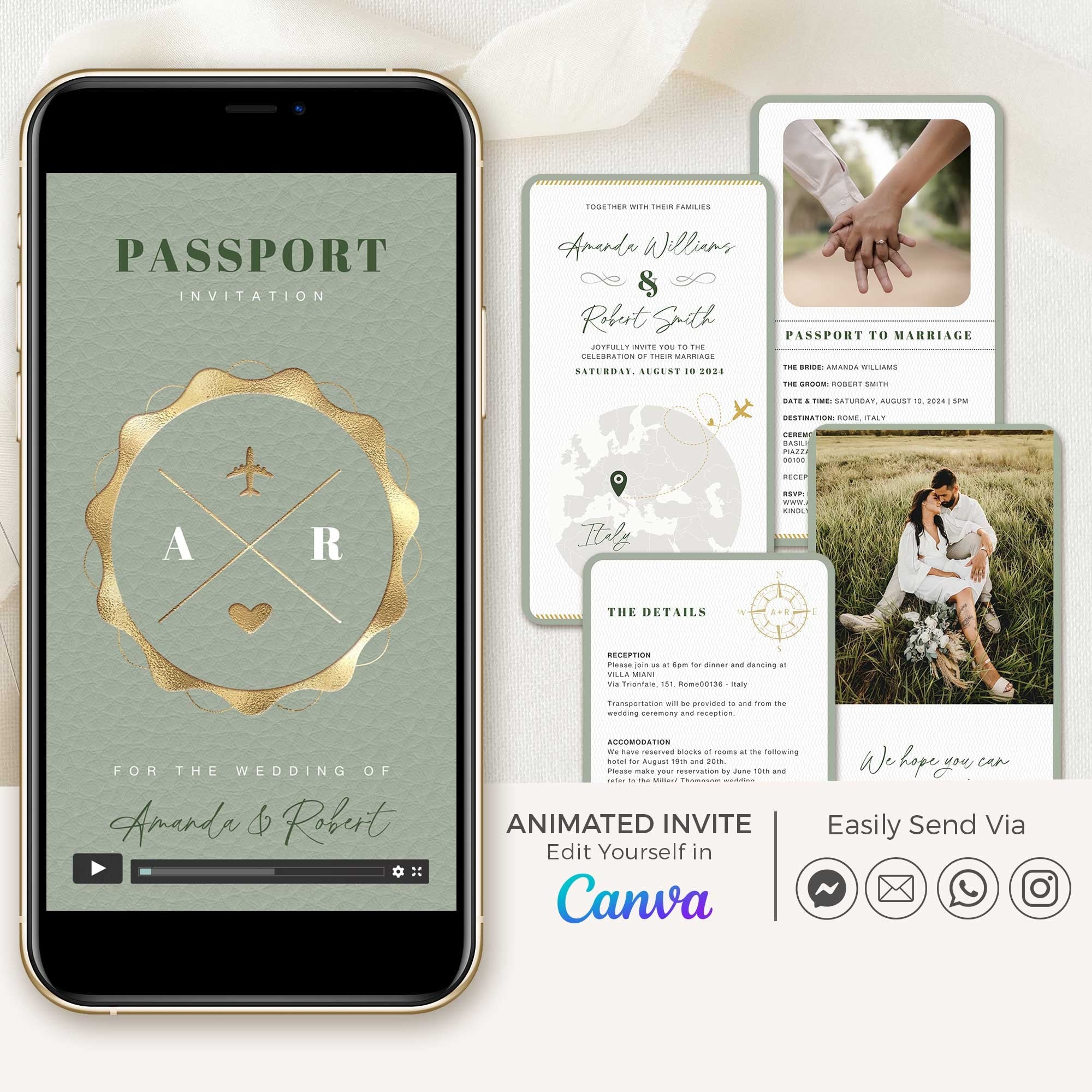 Passport Wedding Invitation Video Template - Sage Green