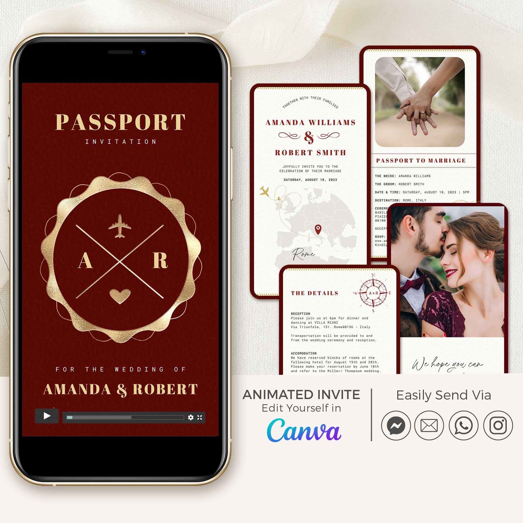 Passport Wedding Invitation Video Template - Burgundy