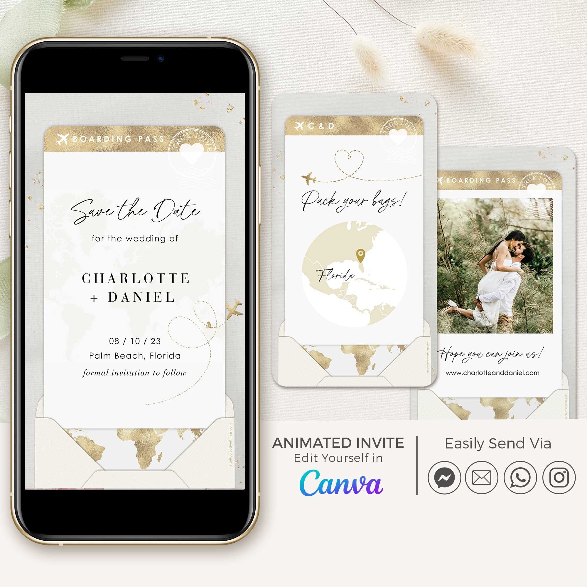 Boarding Pass Save the Date Video Template - White & Gold