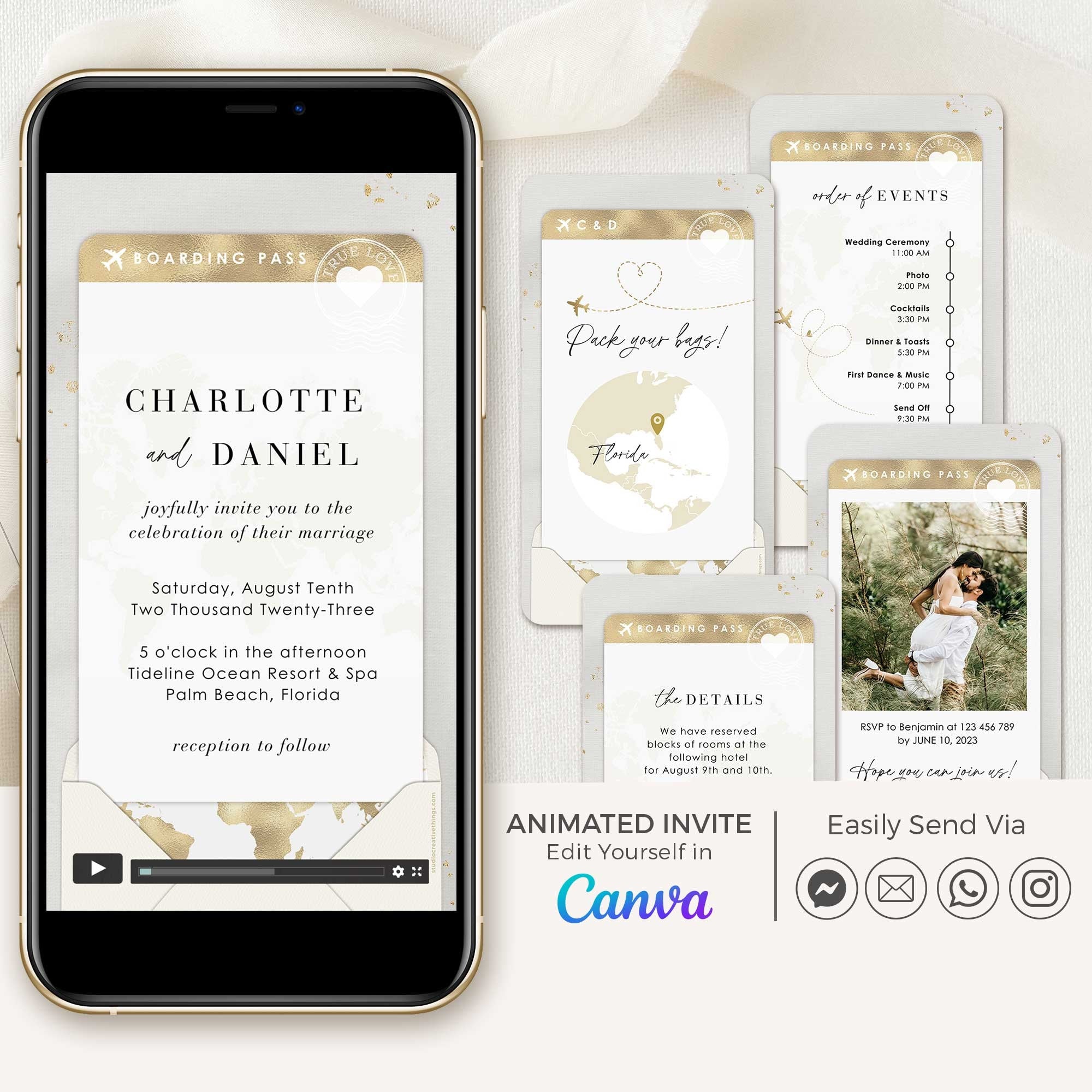 Boarding Pass Wedding Invitation Video Template - White & Gold