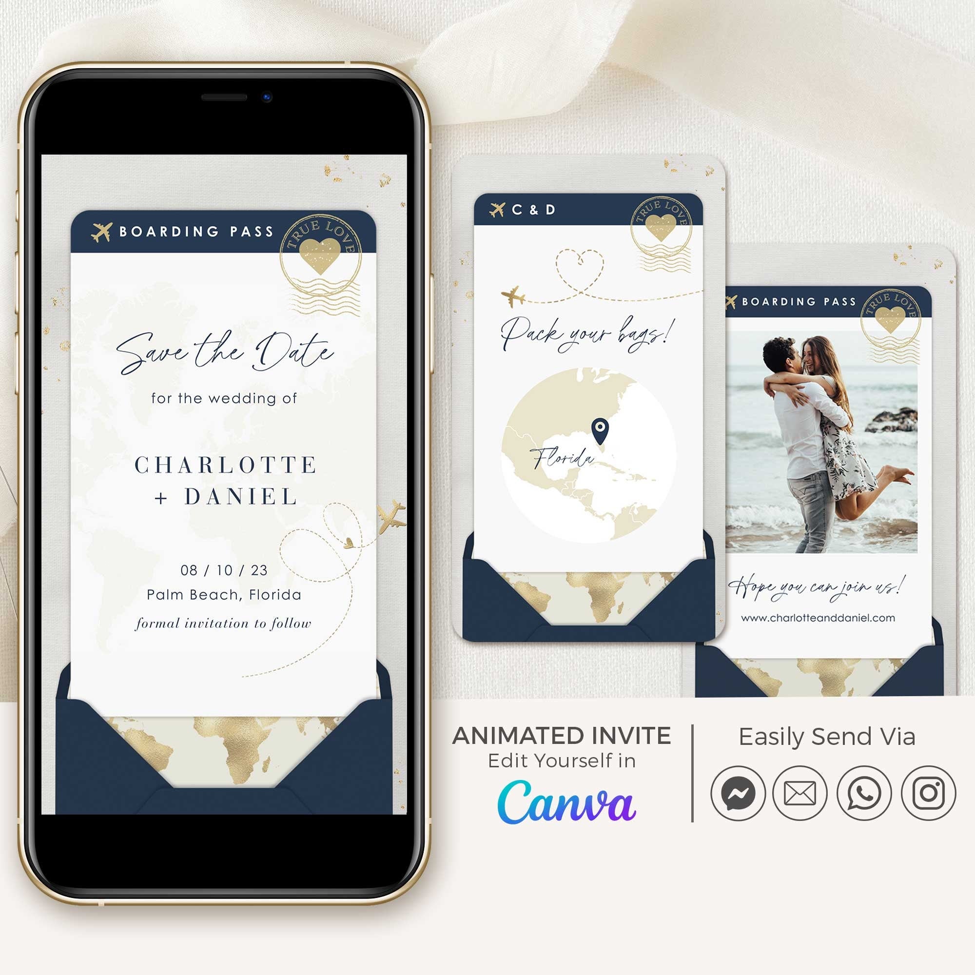 Boarding Pass Save the Date Video Template - Blue Navy