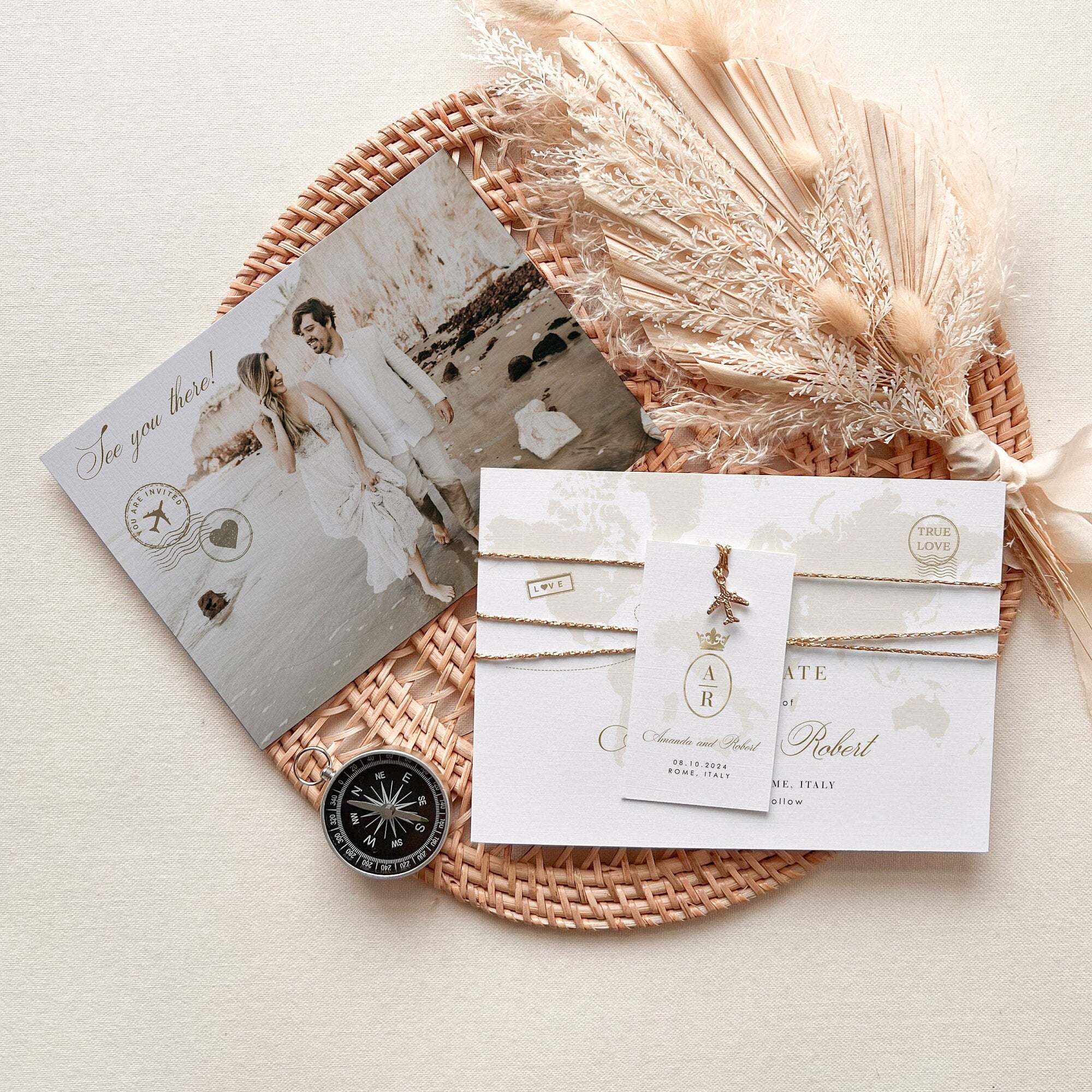 White & Gold Destination Wedding Save the Date Template