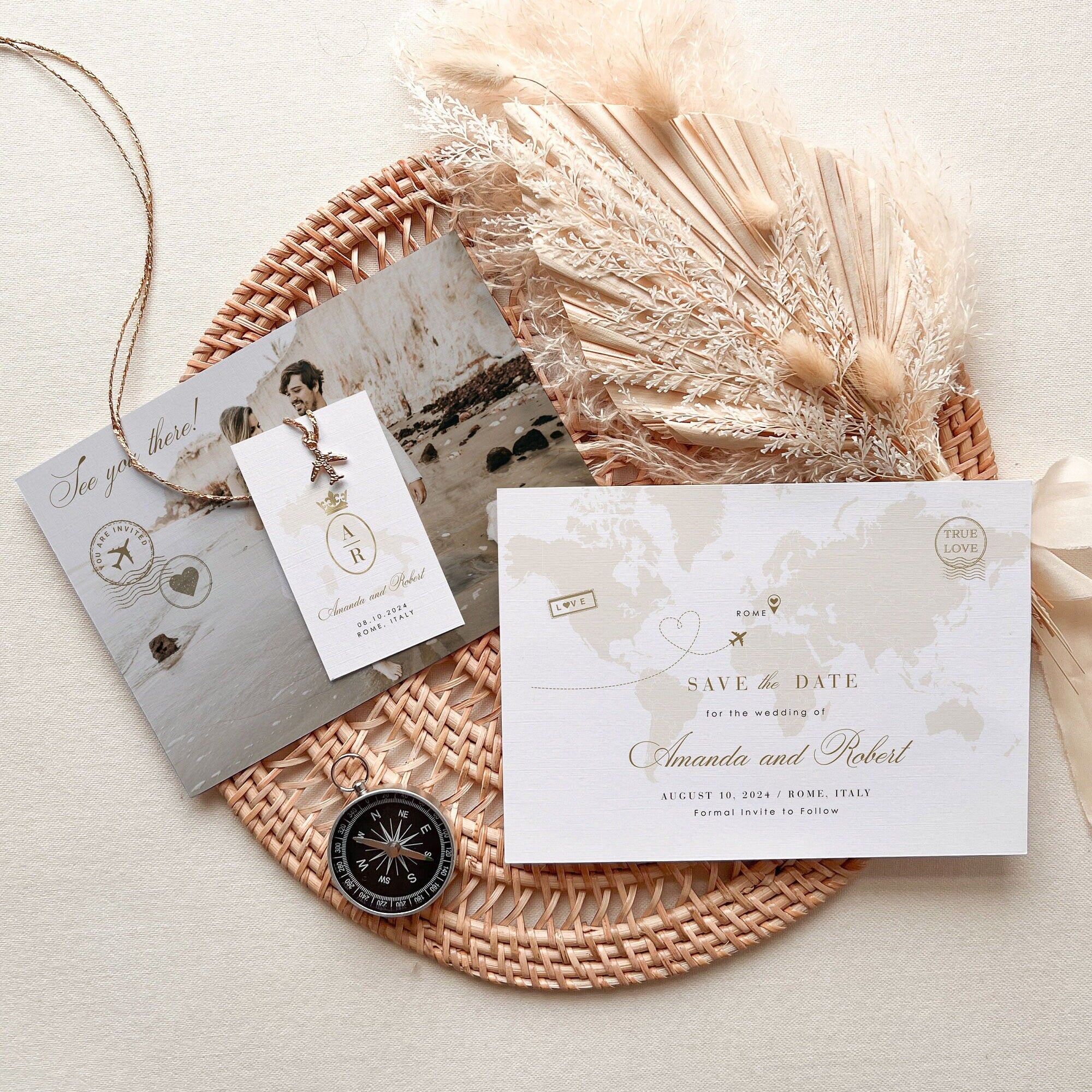 White & Gold Destination Wedding Save the Date Template