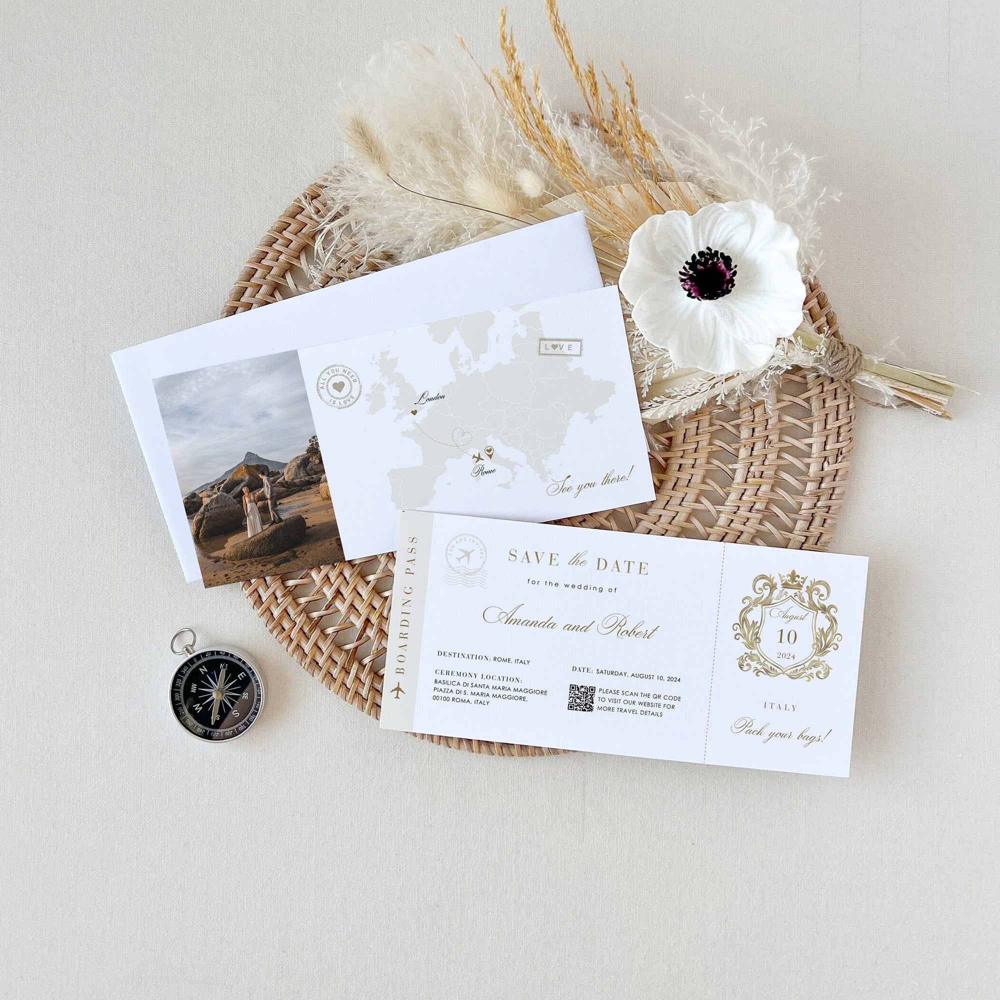 White & Gold Boarding Pass Save the Date Template