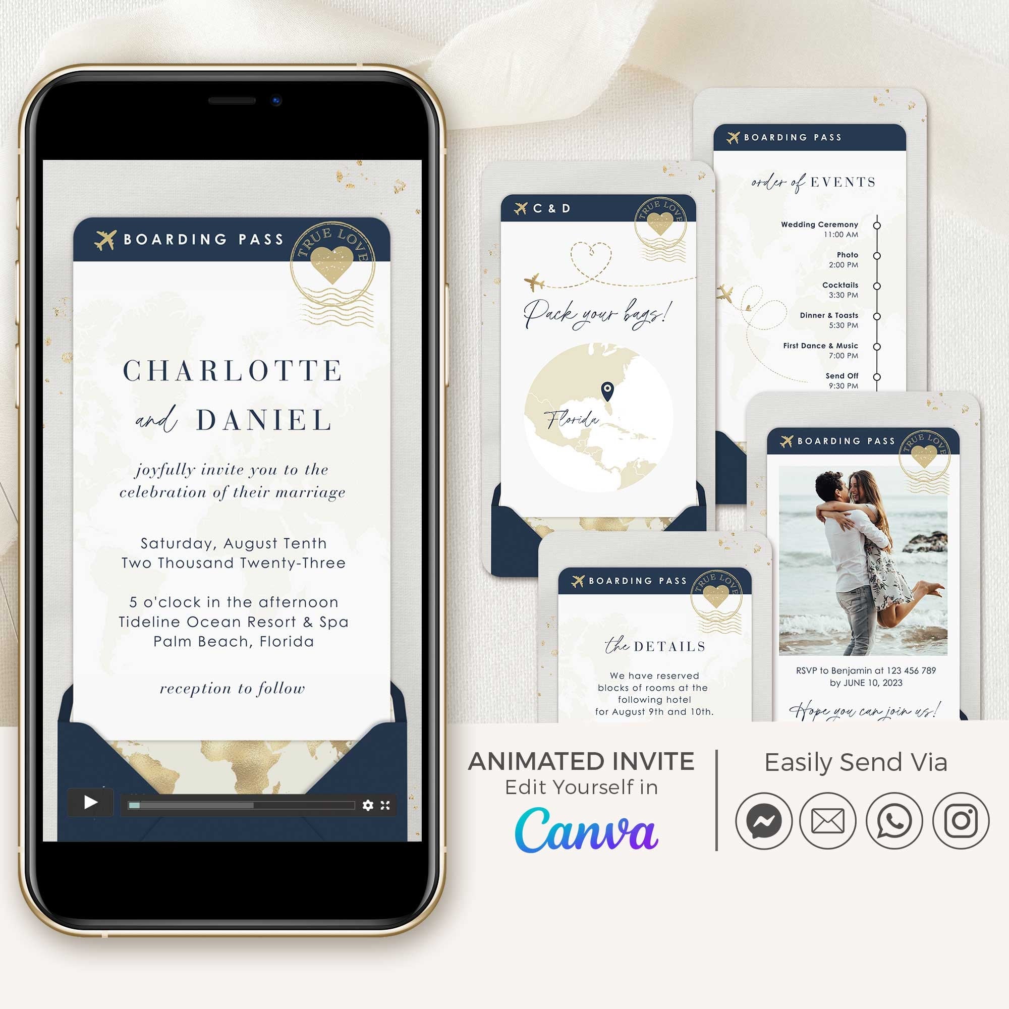 Boarding Pass Wedding Invitation Video Template - Blue Navy