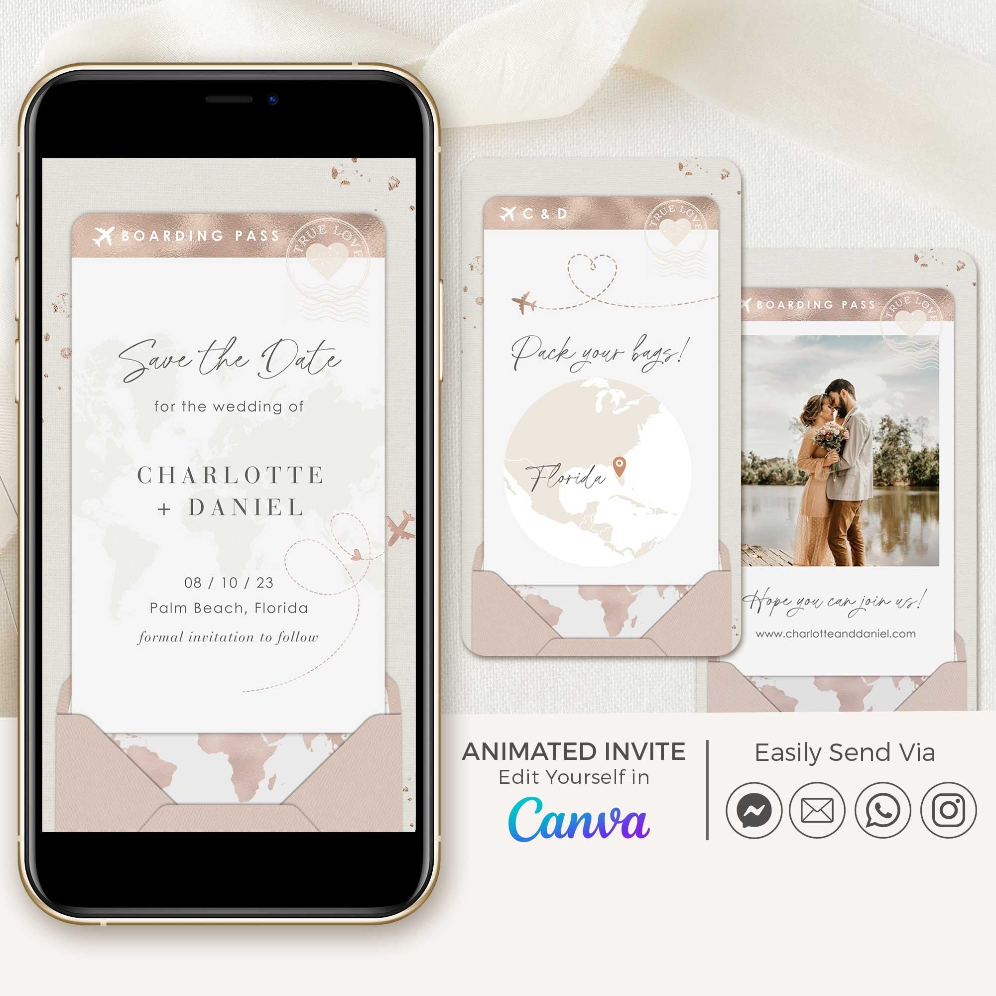 Boarding Pass Save the Date Video Template - Rose Gold