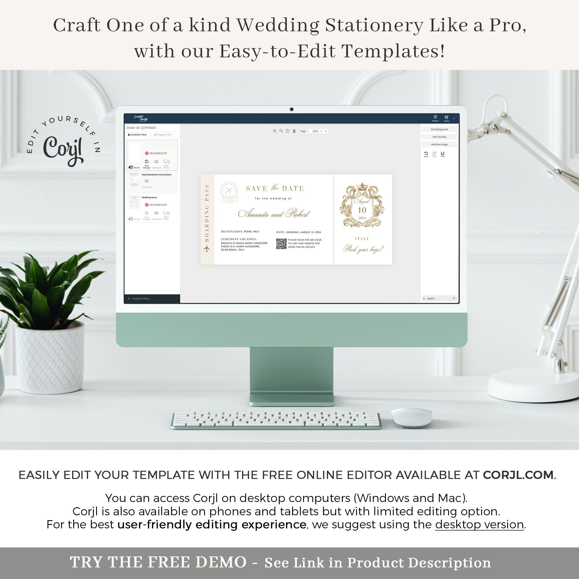 White & Gold Boarding Pass Save the Date Template