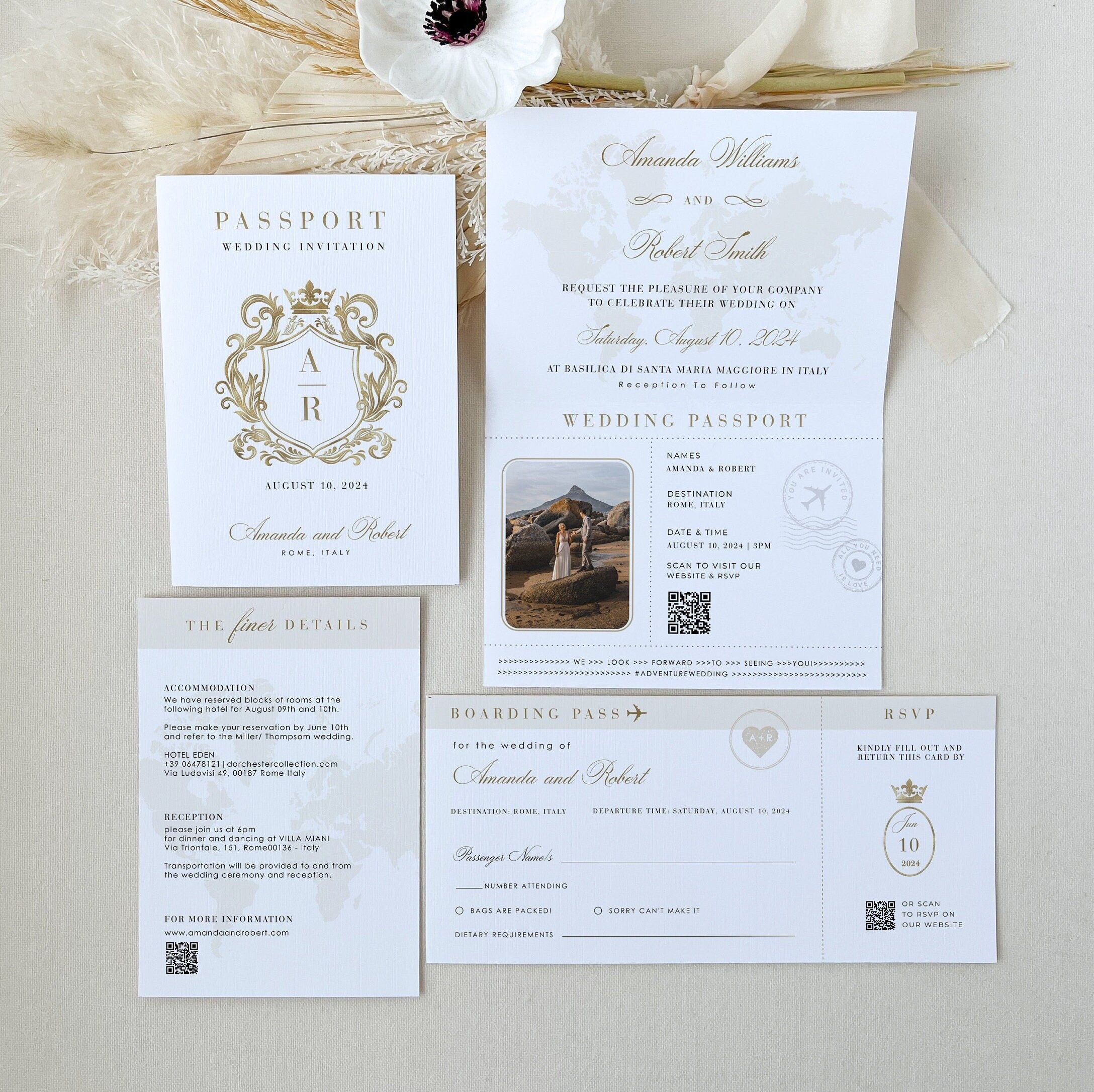 White \u0026 Gold Passport Wedding Invitation Template – Creative Things Studio, image size:2176x2172
