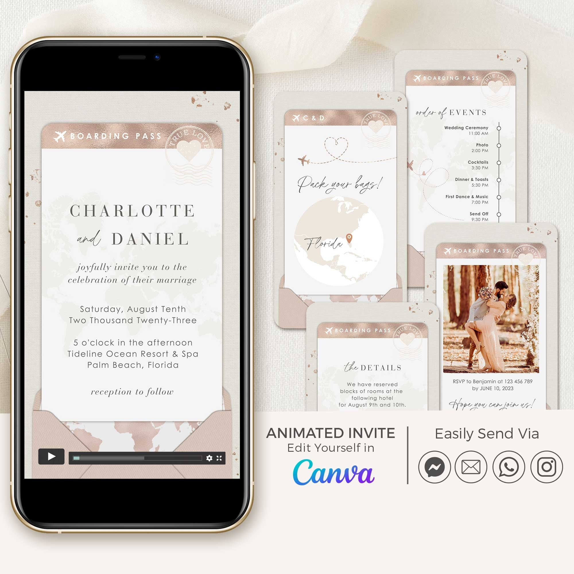 Boarding Pass Wedding Invitation Video Template - Rose Gold