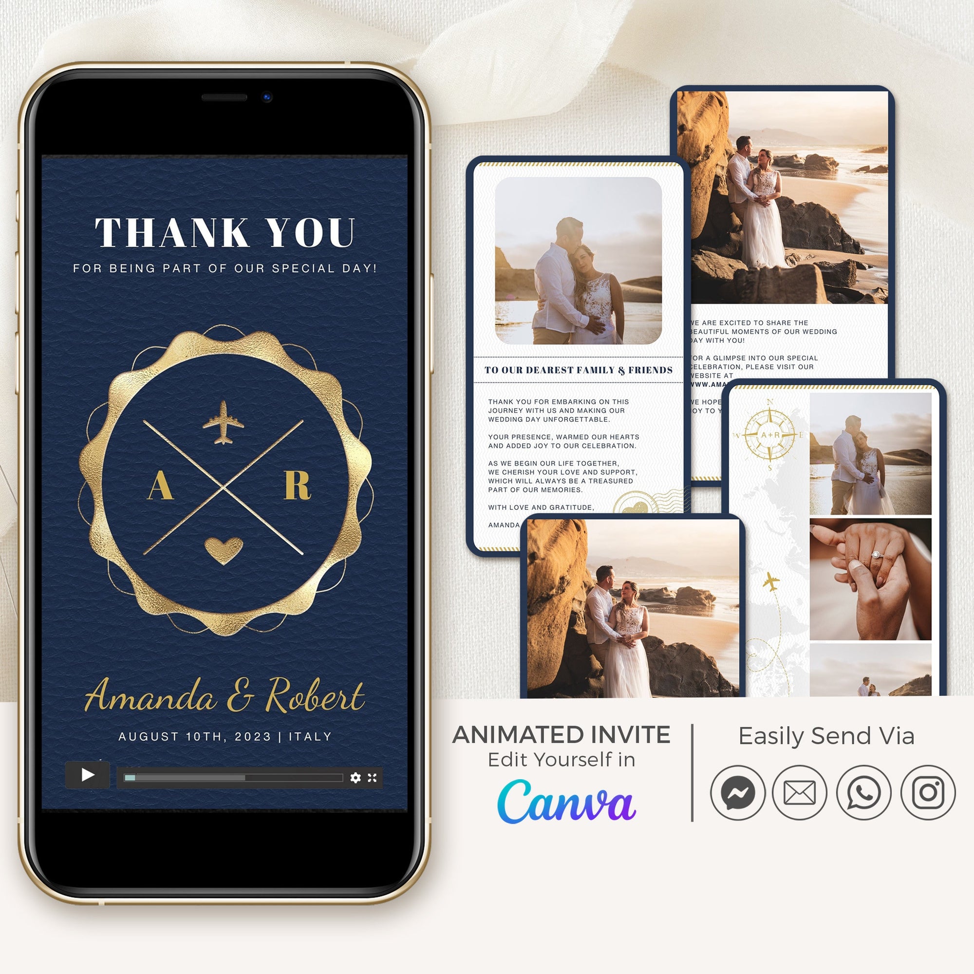 Navy Passport Style Wedding Thank You Card Video Template