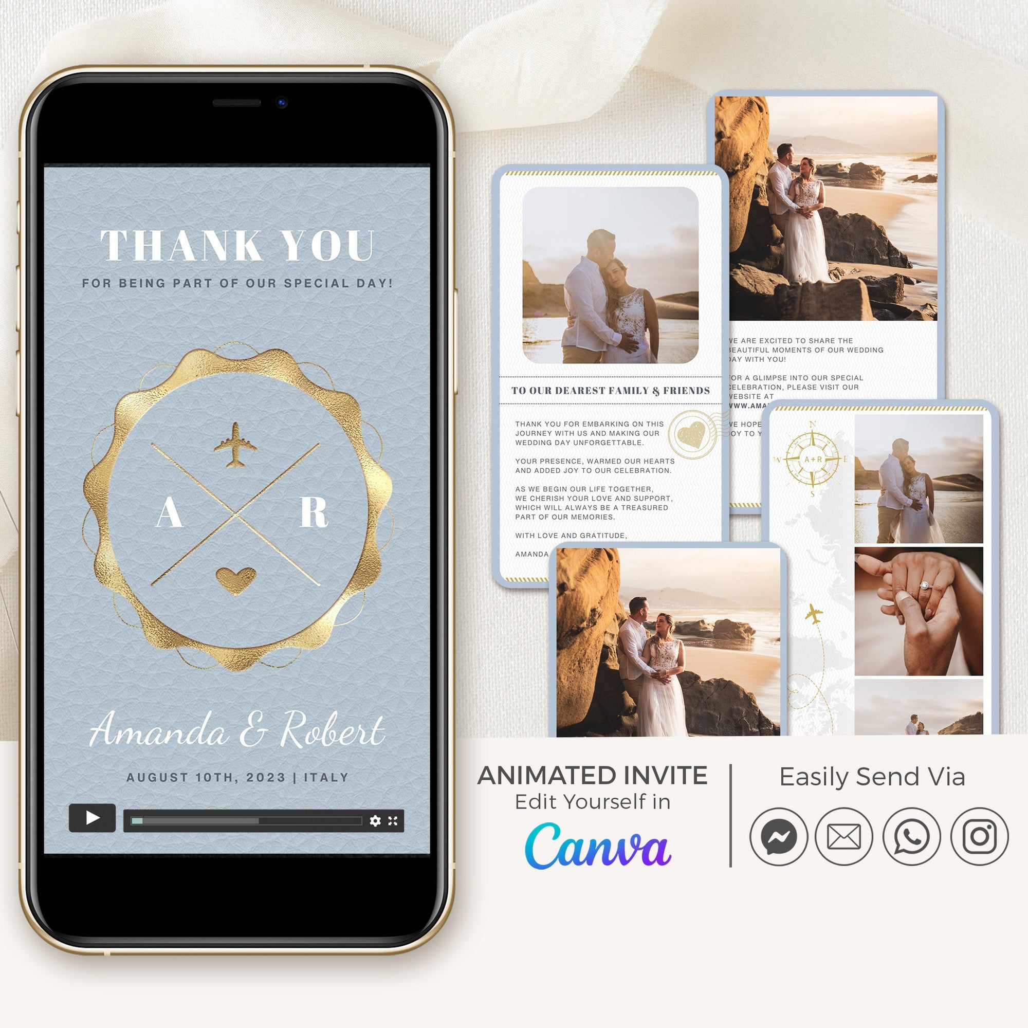 Dusty Blue Passport Style Wedding Thank You Card Video Template