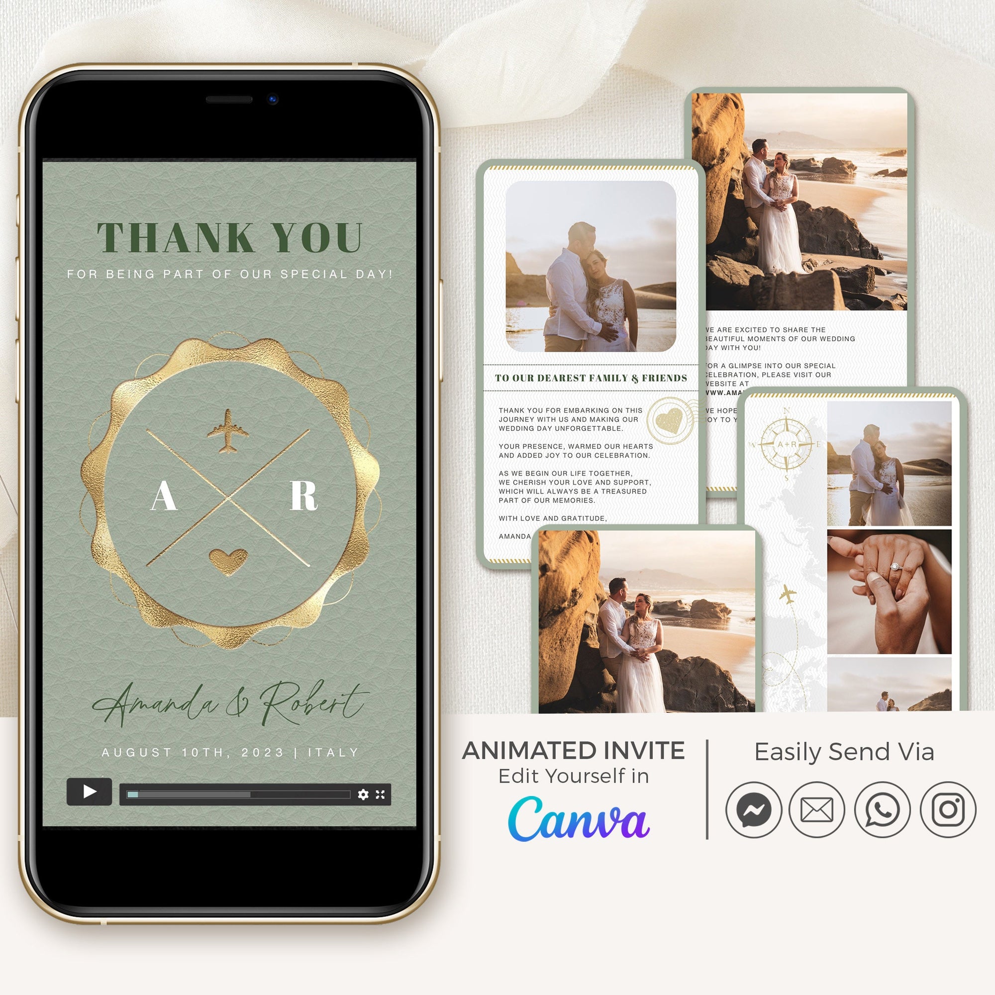 Sage Green Passport Style Wedding Thank You Card Video Template