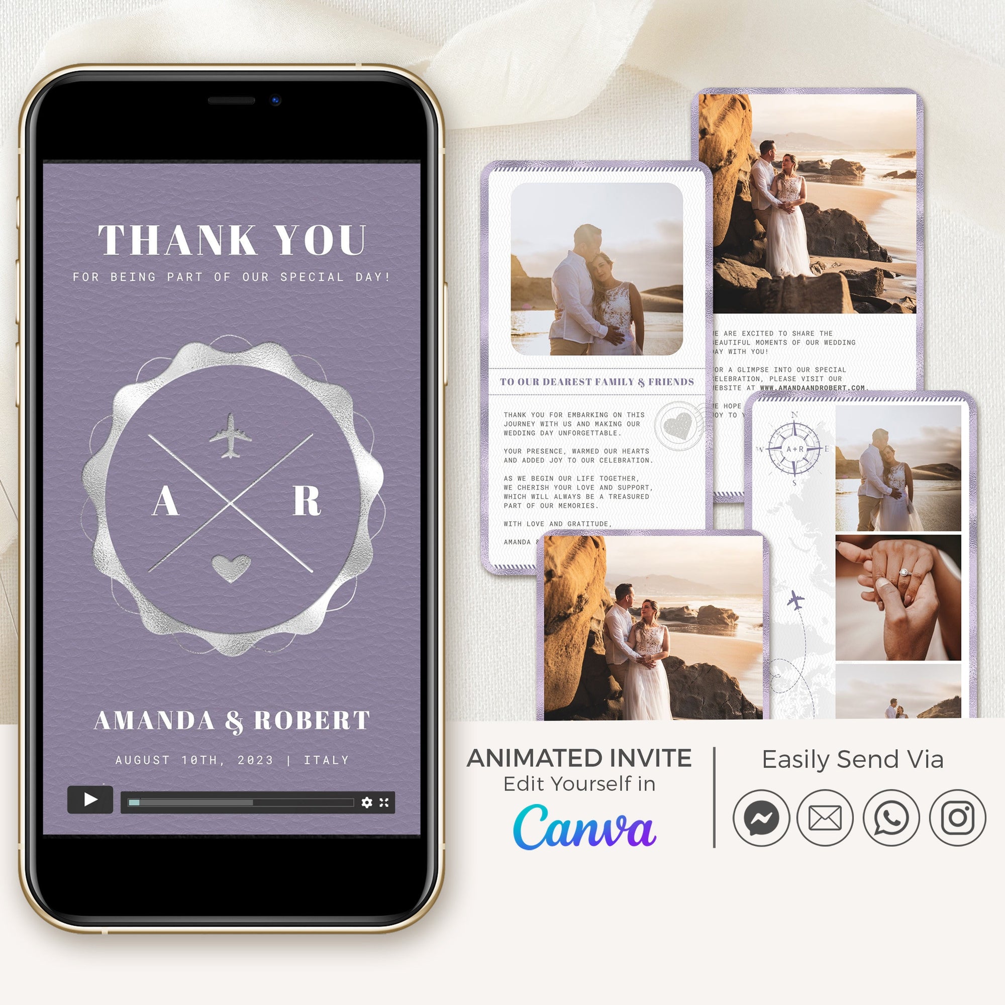 Purple Passport Style Wedding Thank You Card Video Template