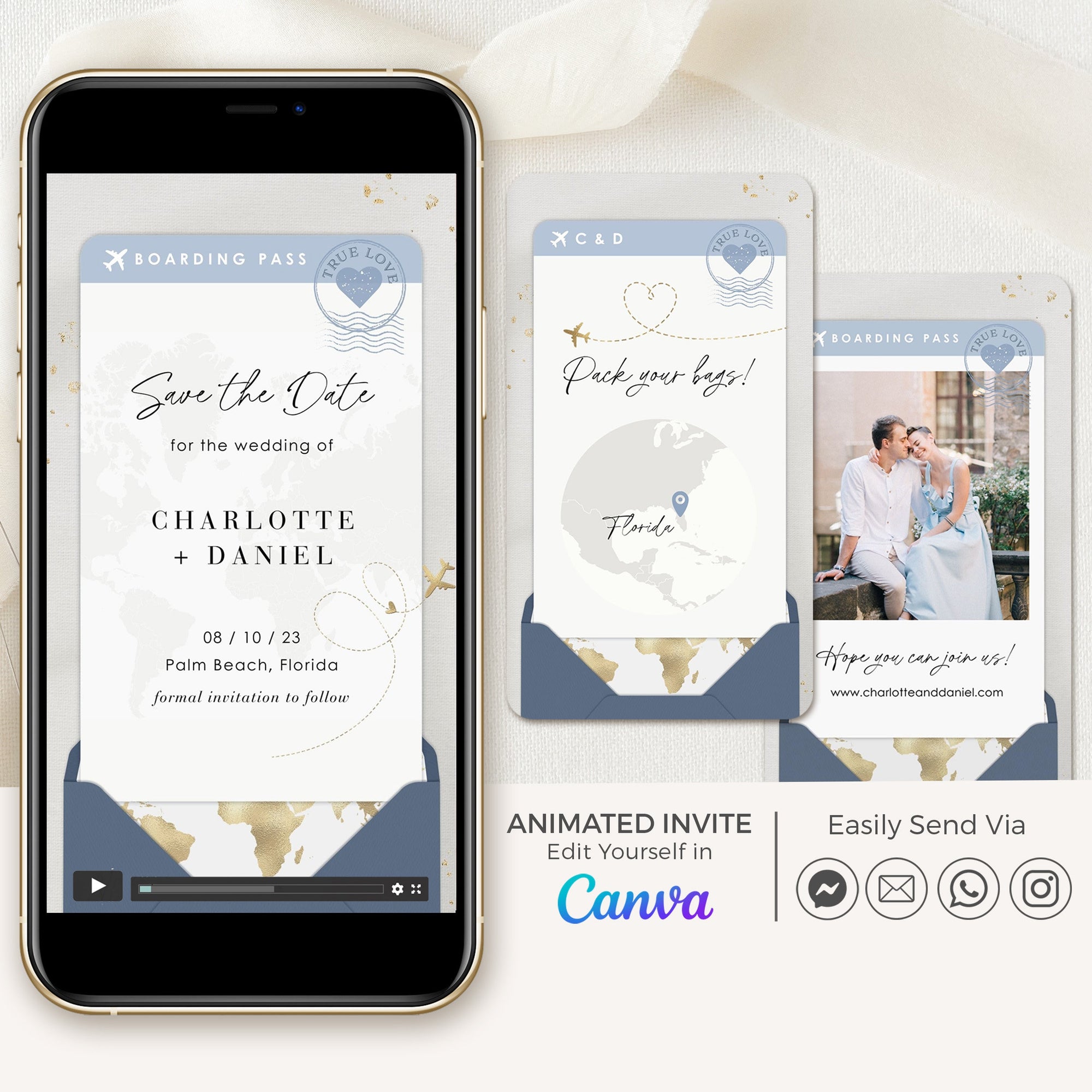 Boarding Pass Save the Date Video Template - Dusty Blue