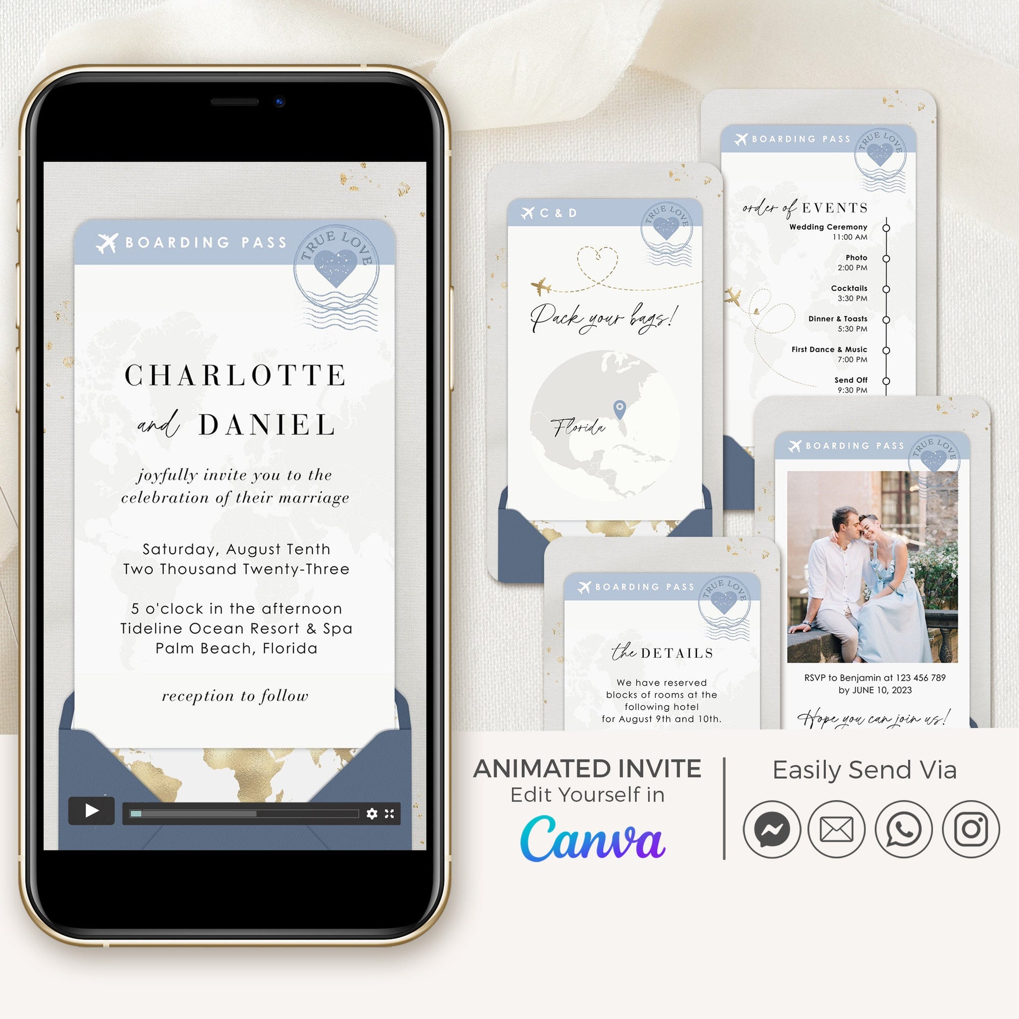 Boarding Pass Wedding Invitation Video Template - Dusty Blue