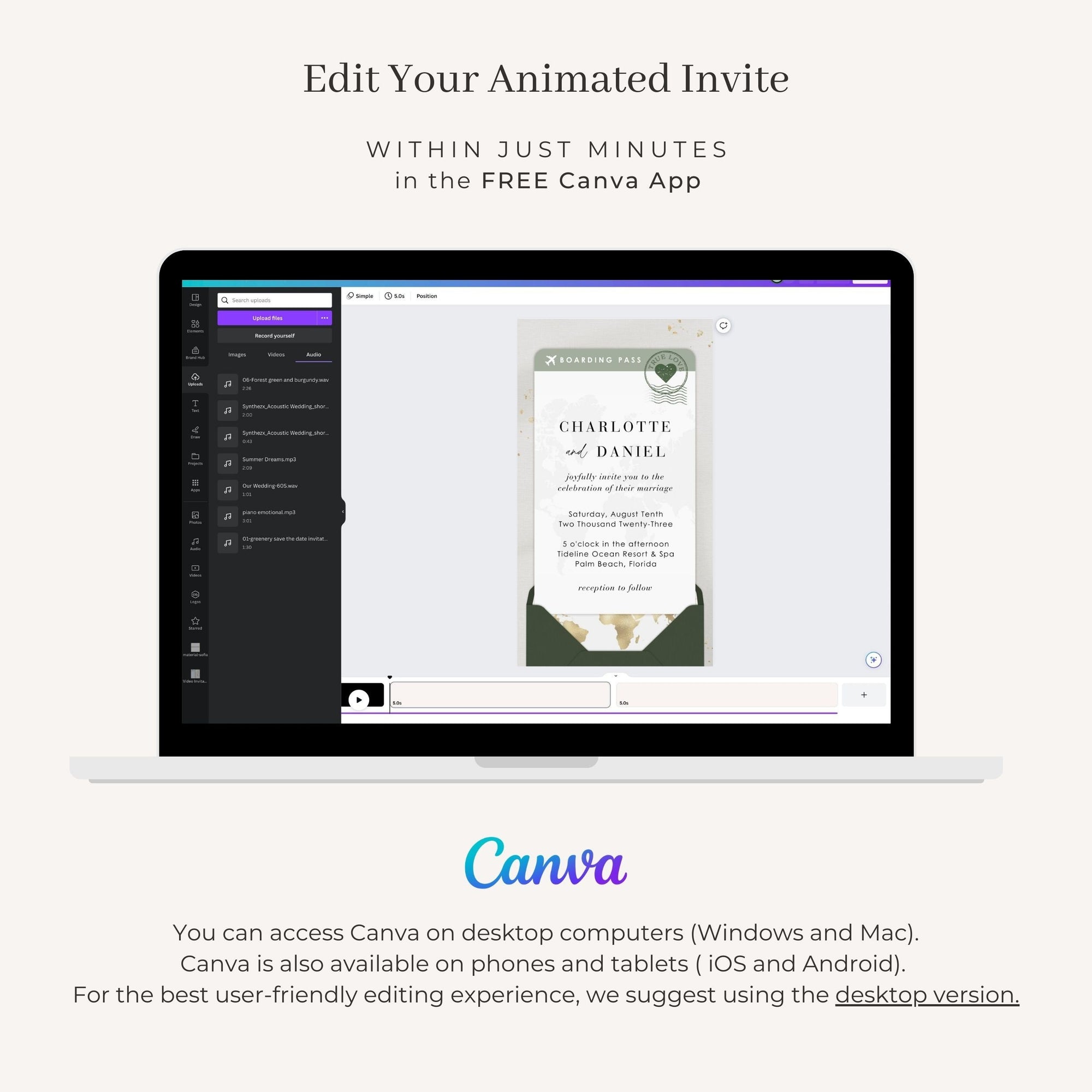 Boarding Pass Wedding Invitation Video Template - Sage Green