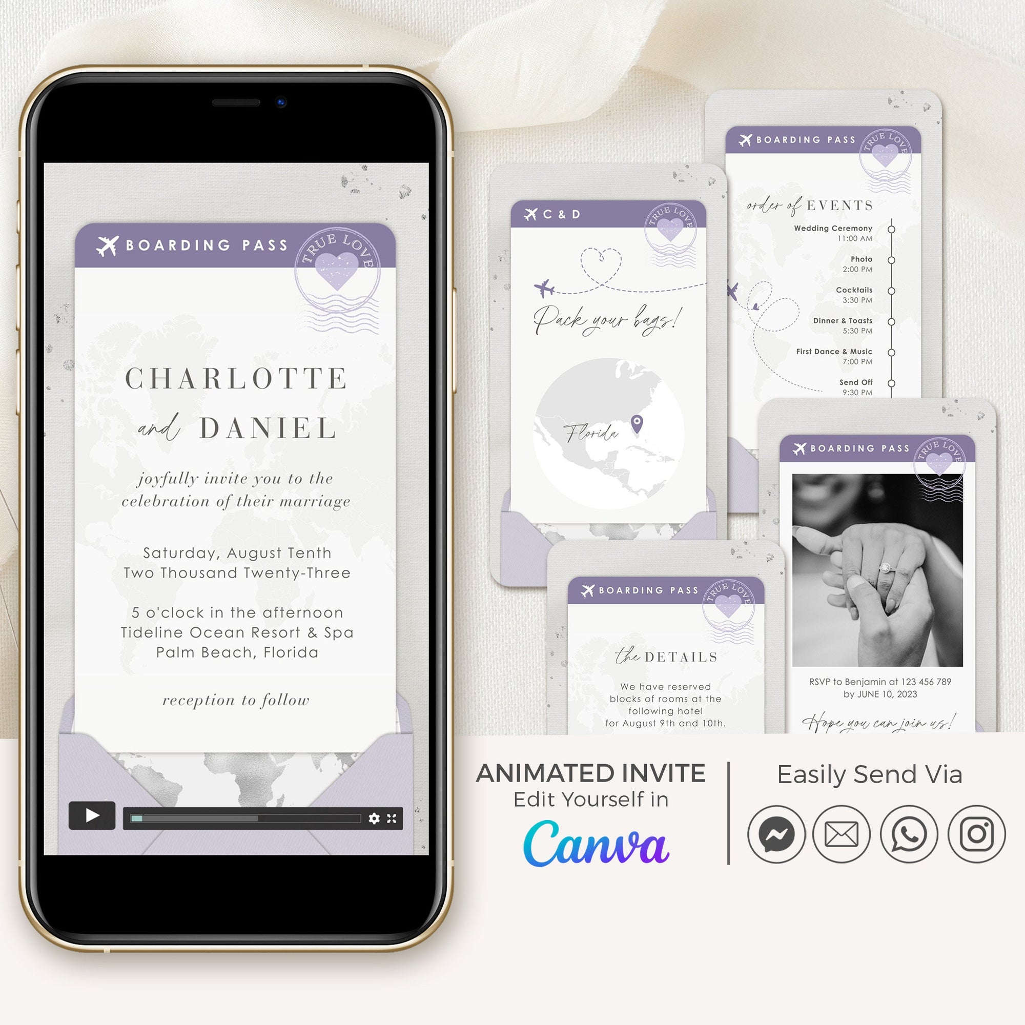 Boarding Pass Wedding Invitation Video Template - Purple