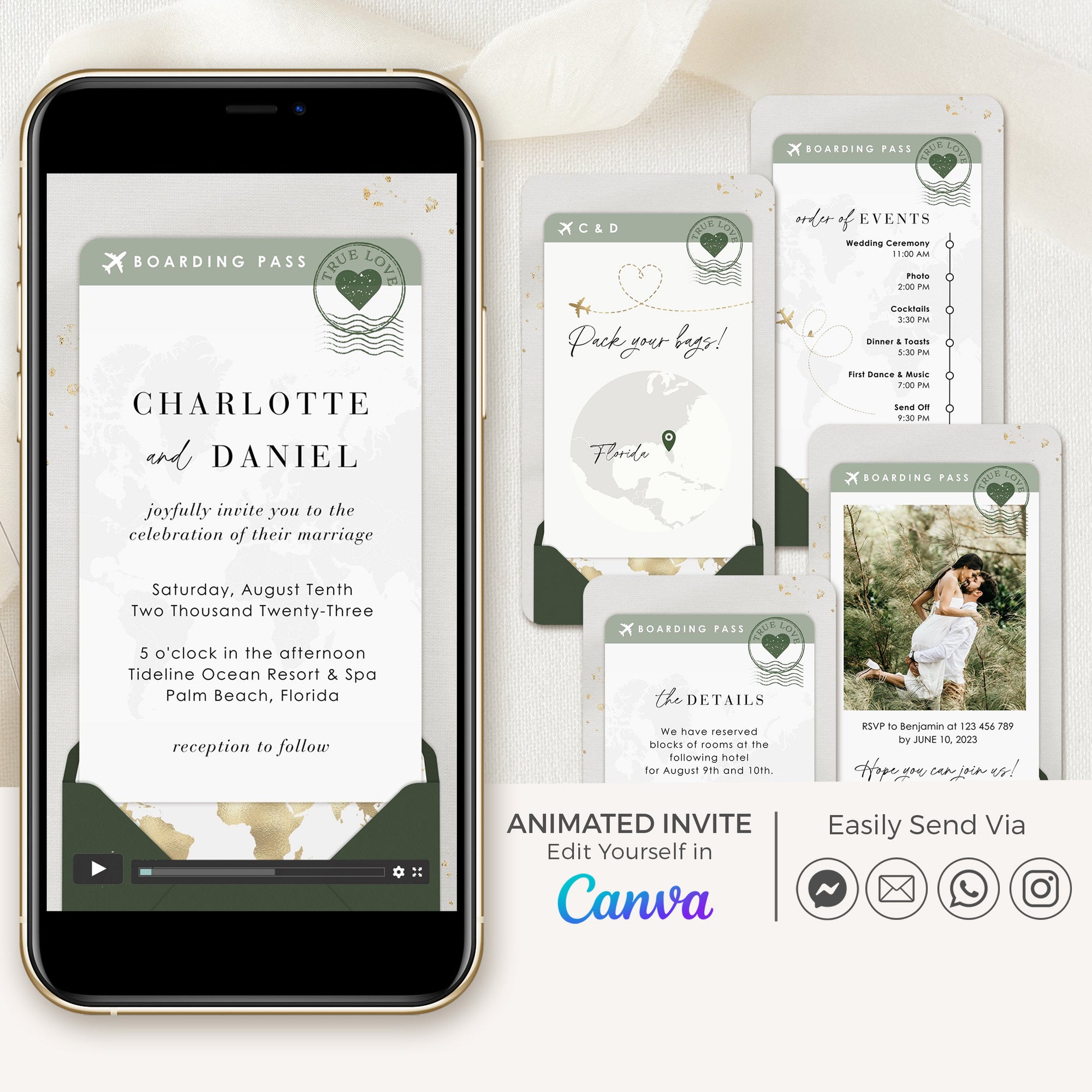 Boarding Pass Wedding Invitation Video Template - Sage Green