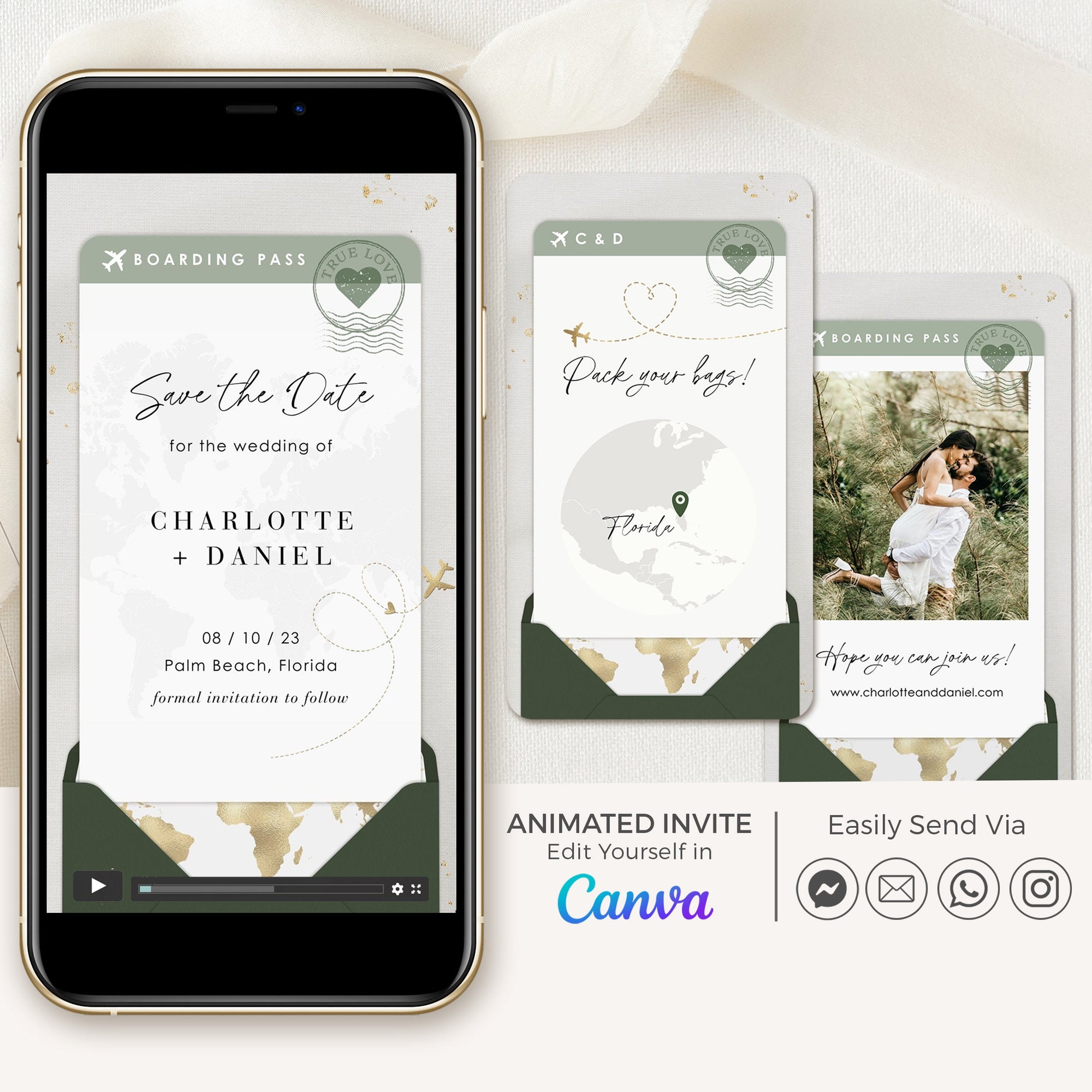 Boarding Pass Save the Date Video Template - Sage Green