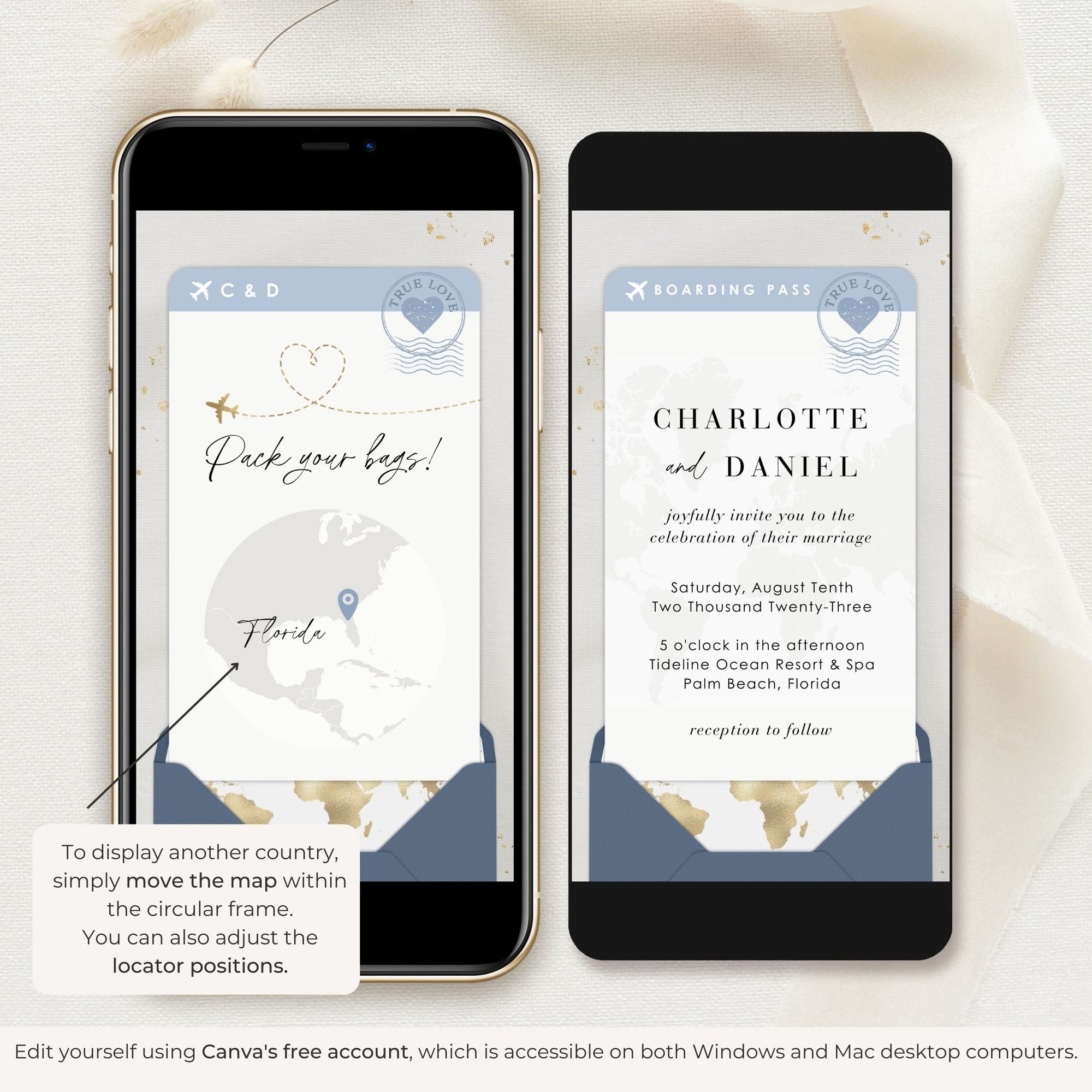 Boarding Pass Wedding Invitation Video Template - Dusty Blue