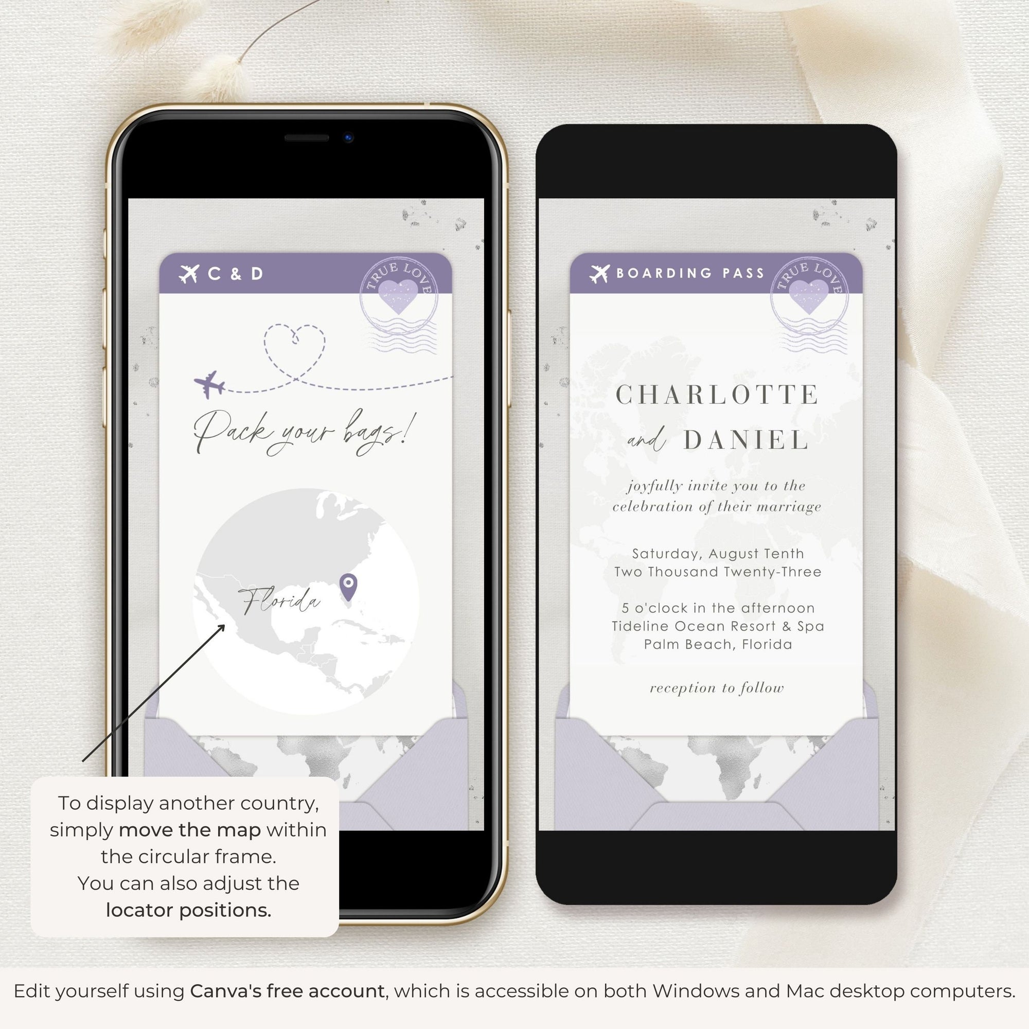 Boarding Pass Wedding Invitation Video Template - Purple