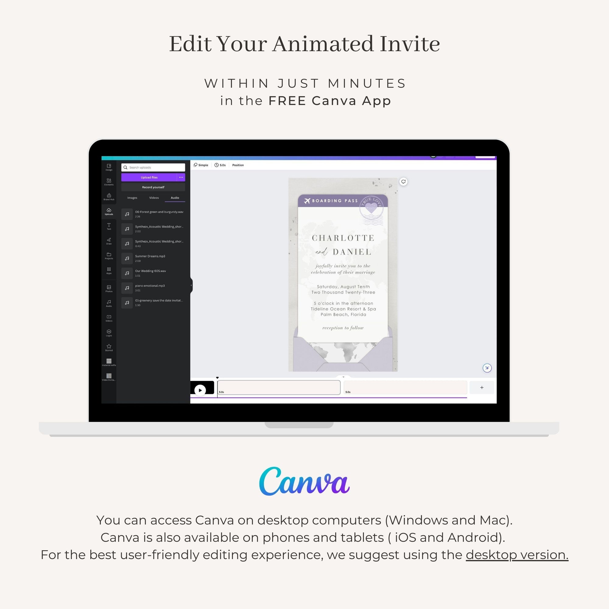 Boarding Pass Wedding Invitation Video Template - Purple