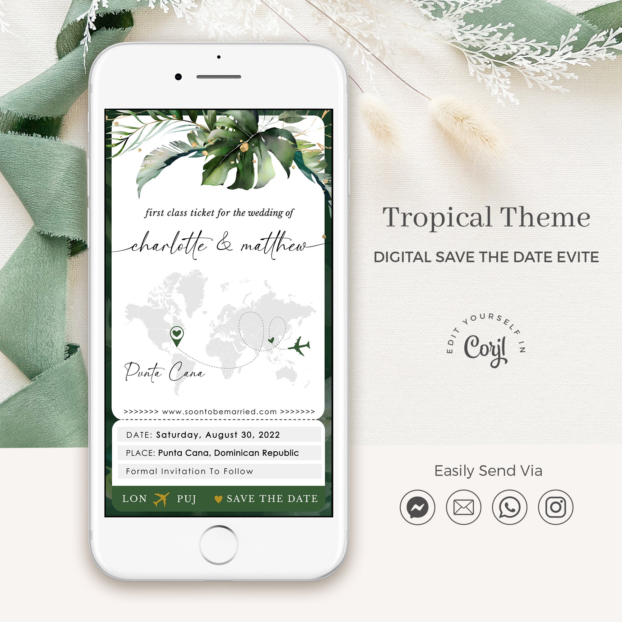 PALMA Tropical Wedding Boarding Pass Save the Date Digital