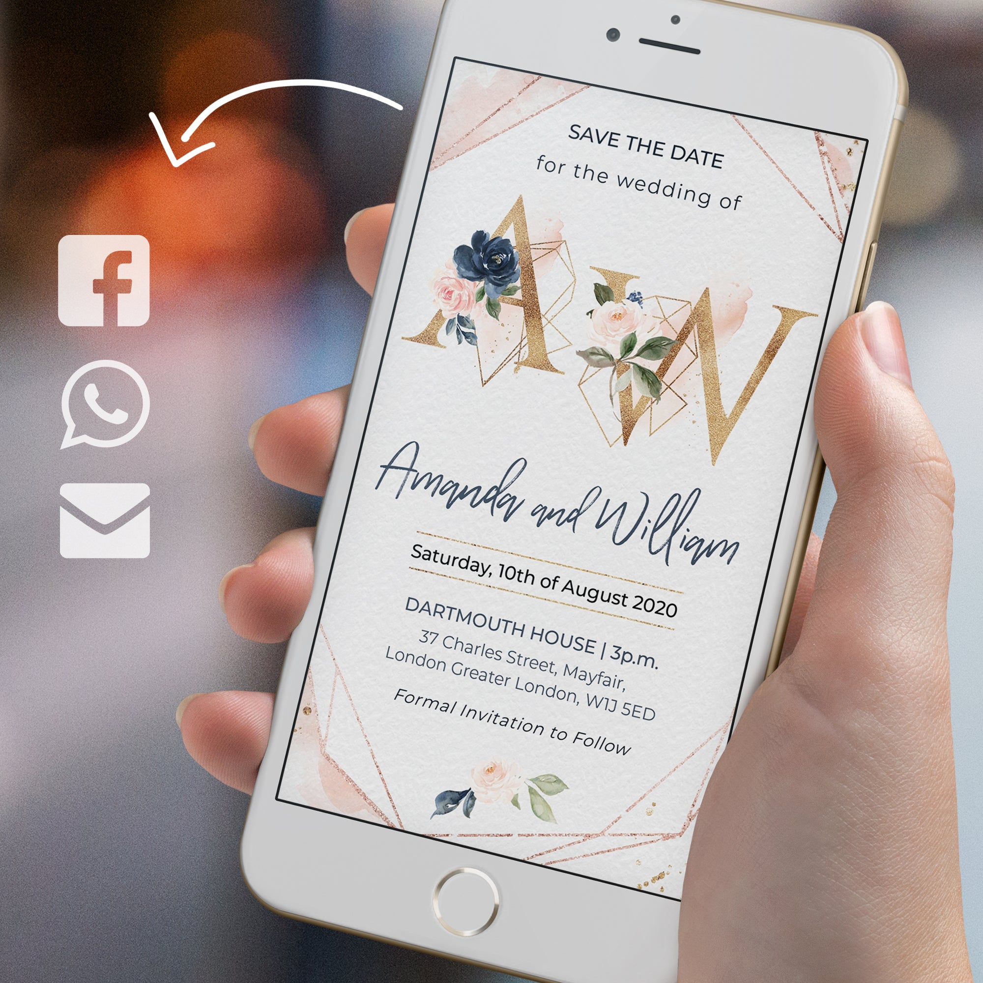 Rose Gold Electronic Save the Date with Monogram