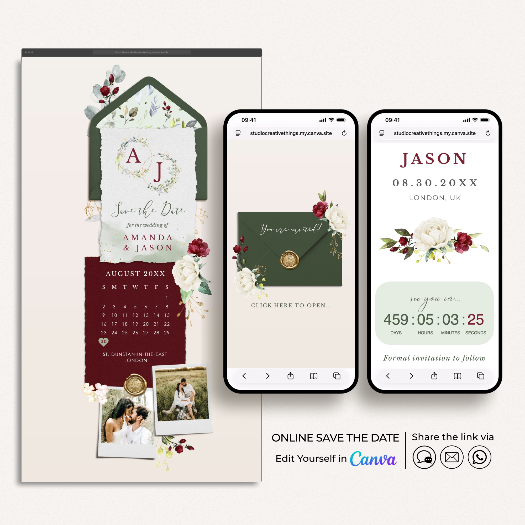 FLORA Online Digital Save the Date - Olive & Burgundy