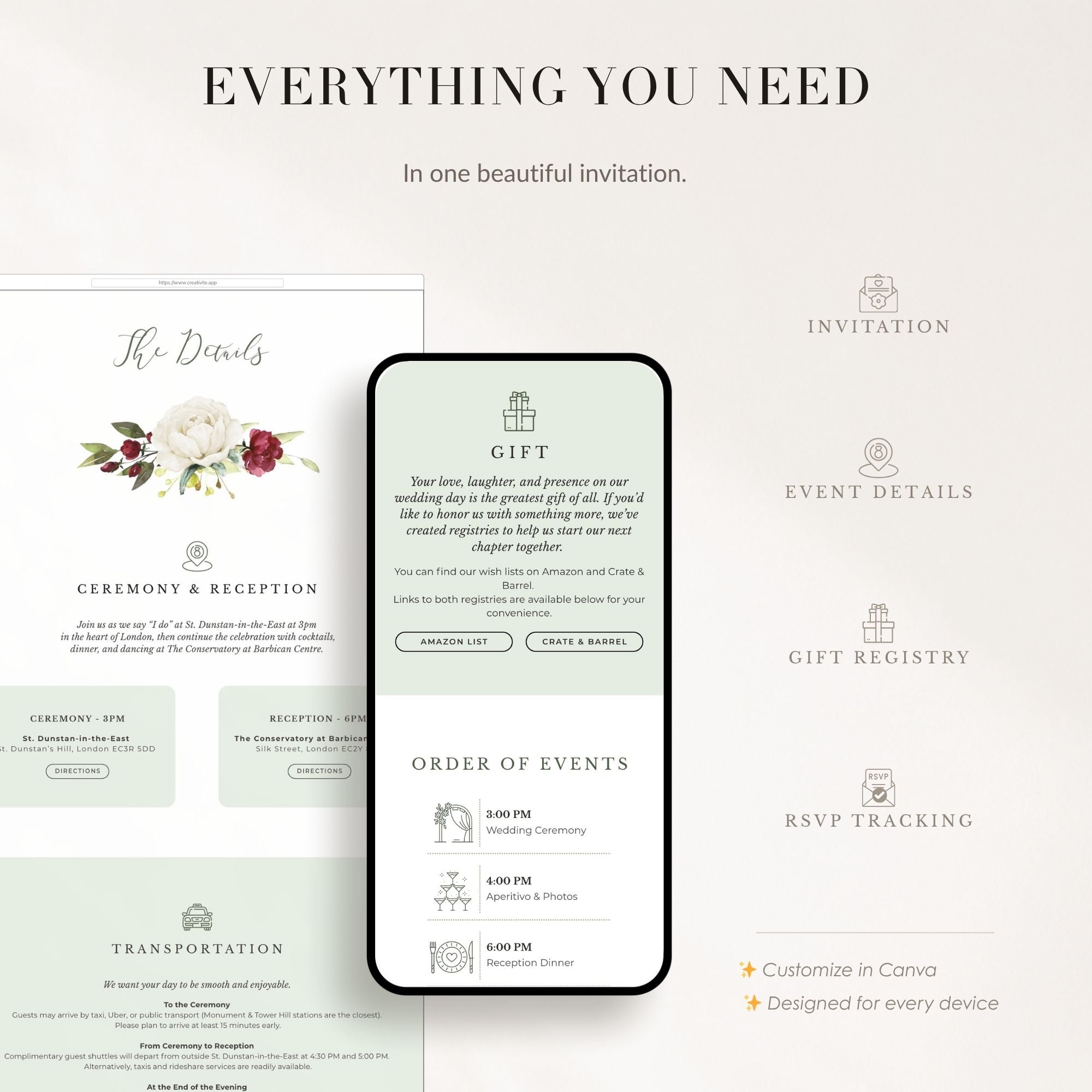 FLORA Rustic Online Digital Wedding Invitation with RSVP - Burgundy &amp; Olive