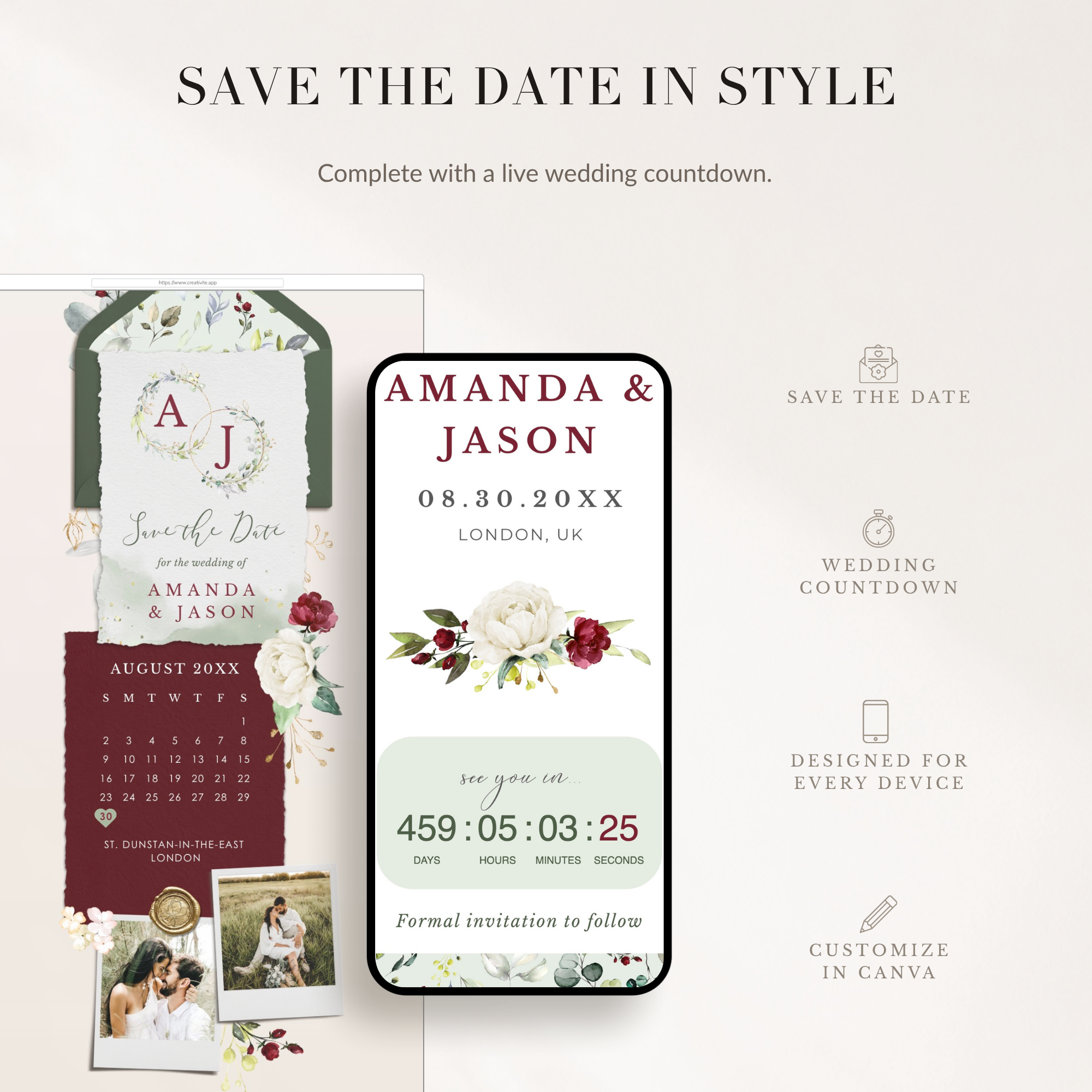 FLORA Online Digital Save the Date - Olive &amp; Burgundy