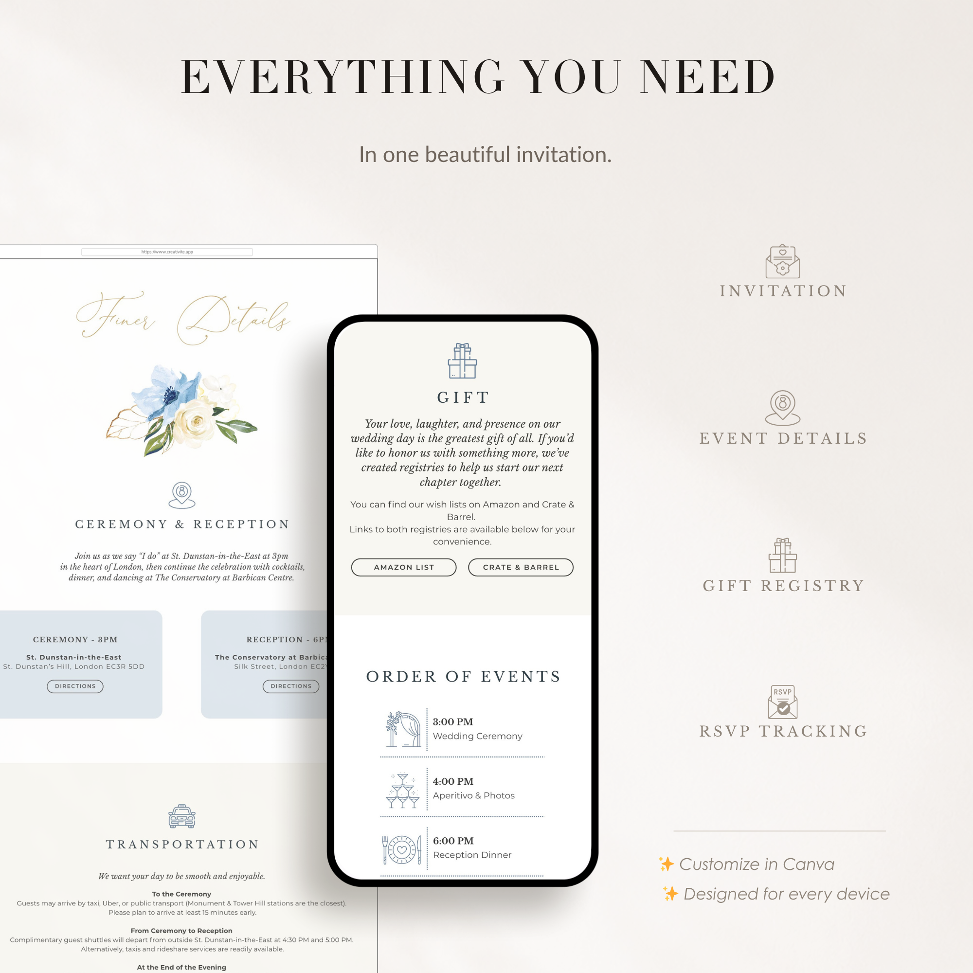 AZZURRA Dusty Blue Online Digital Wedding Invitation with RSVP