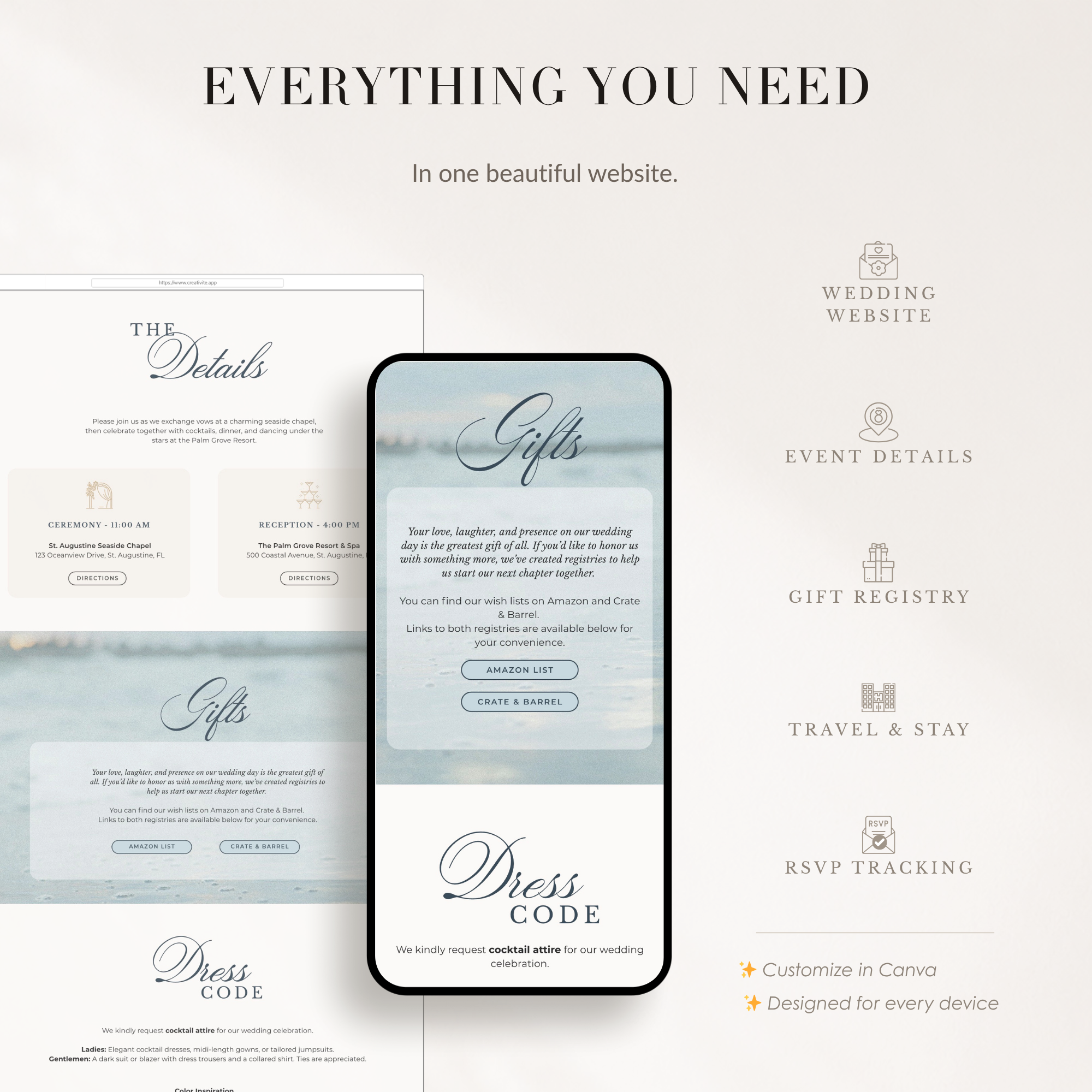 Beach Themed Canva Wedding Website Template with Online RSVP