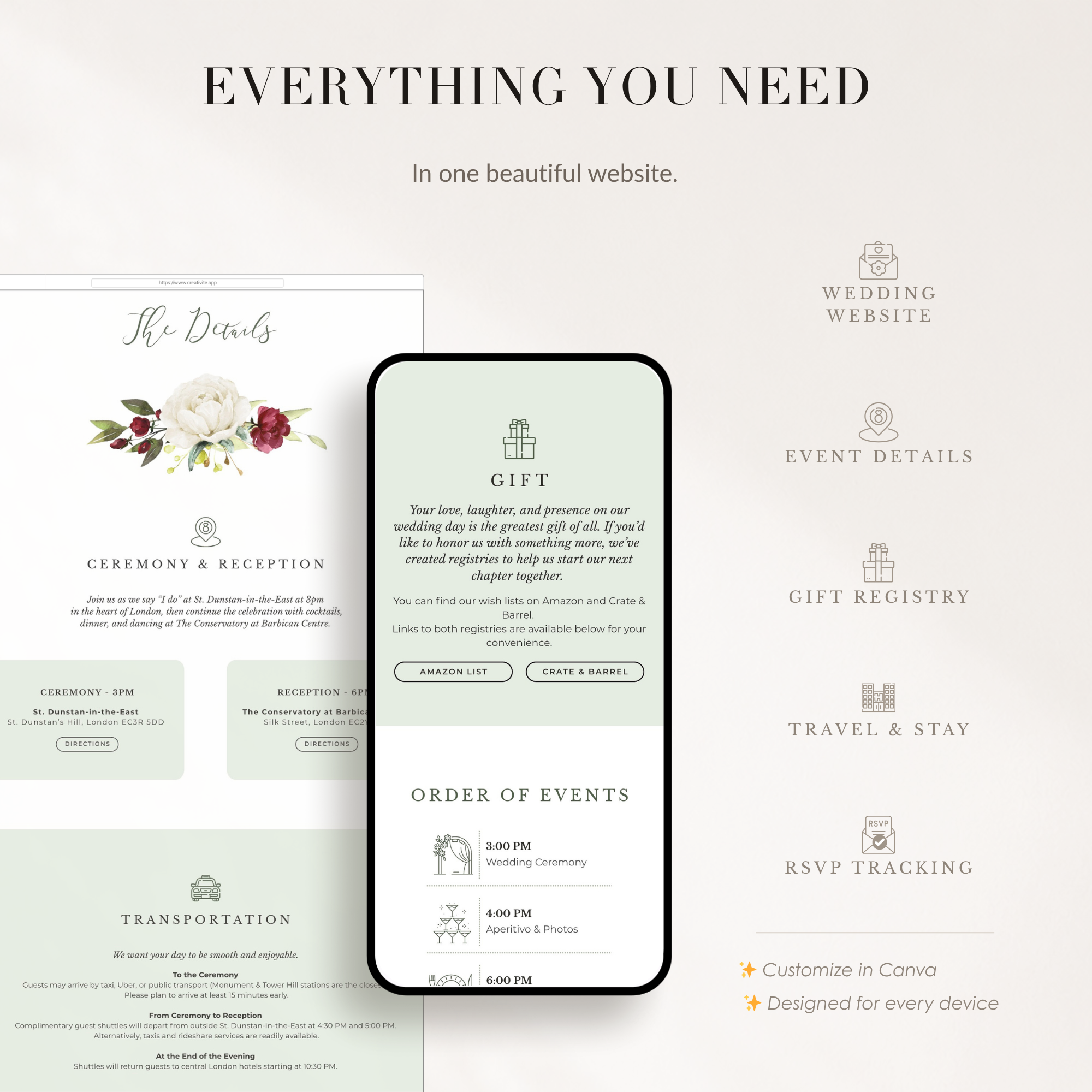 Flora Wedding Website Template for Canva with RSVP - Burgundy &amp; Olive Green