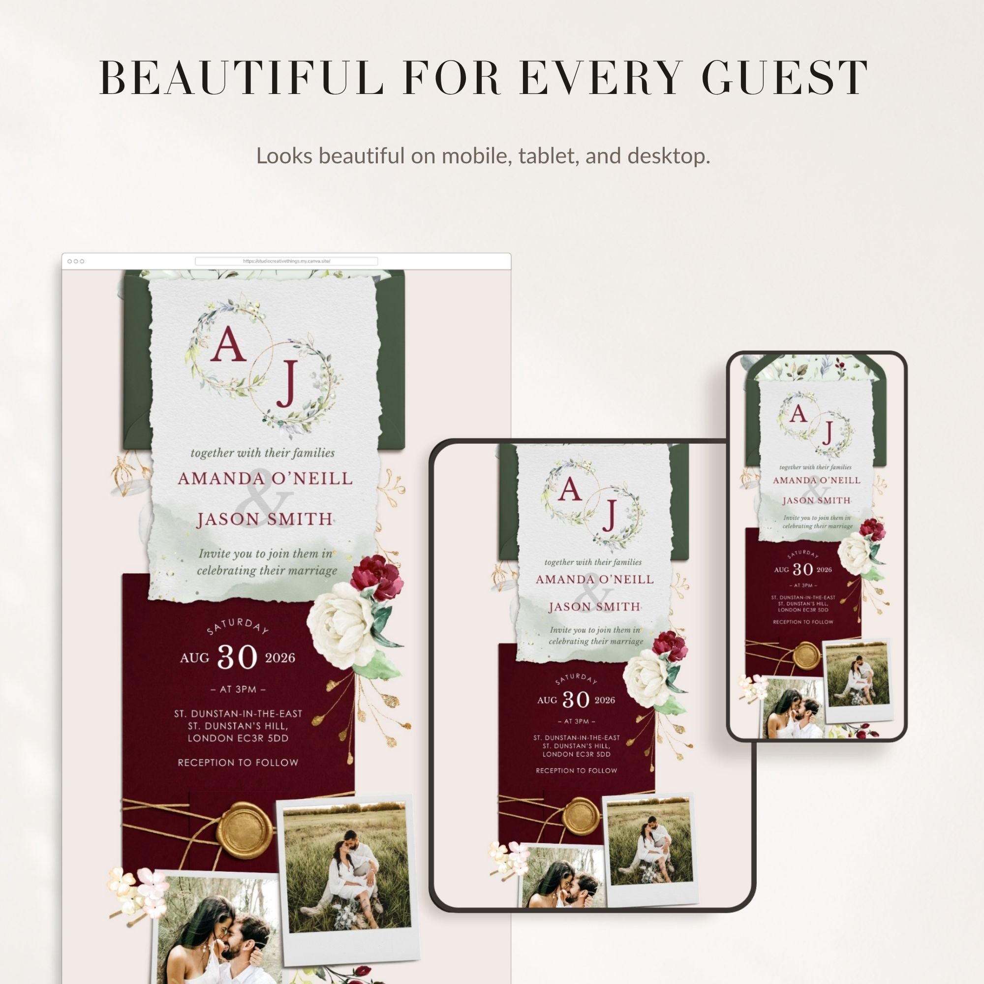 FLORA Rustic Online Digital Wedding Invitation with RSVP - Burgundy &amp; Olive