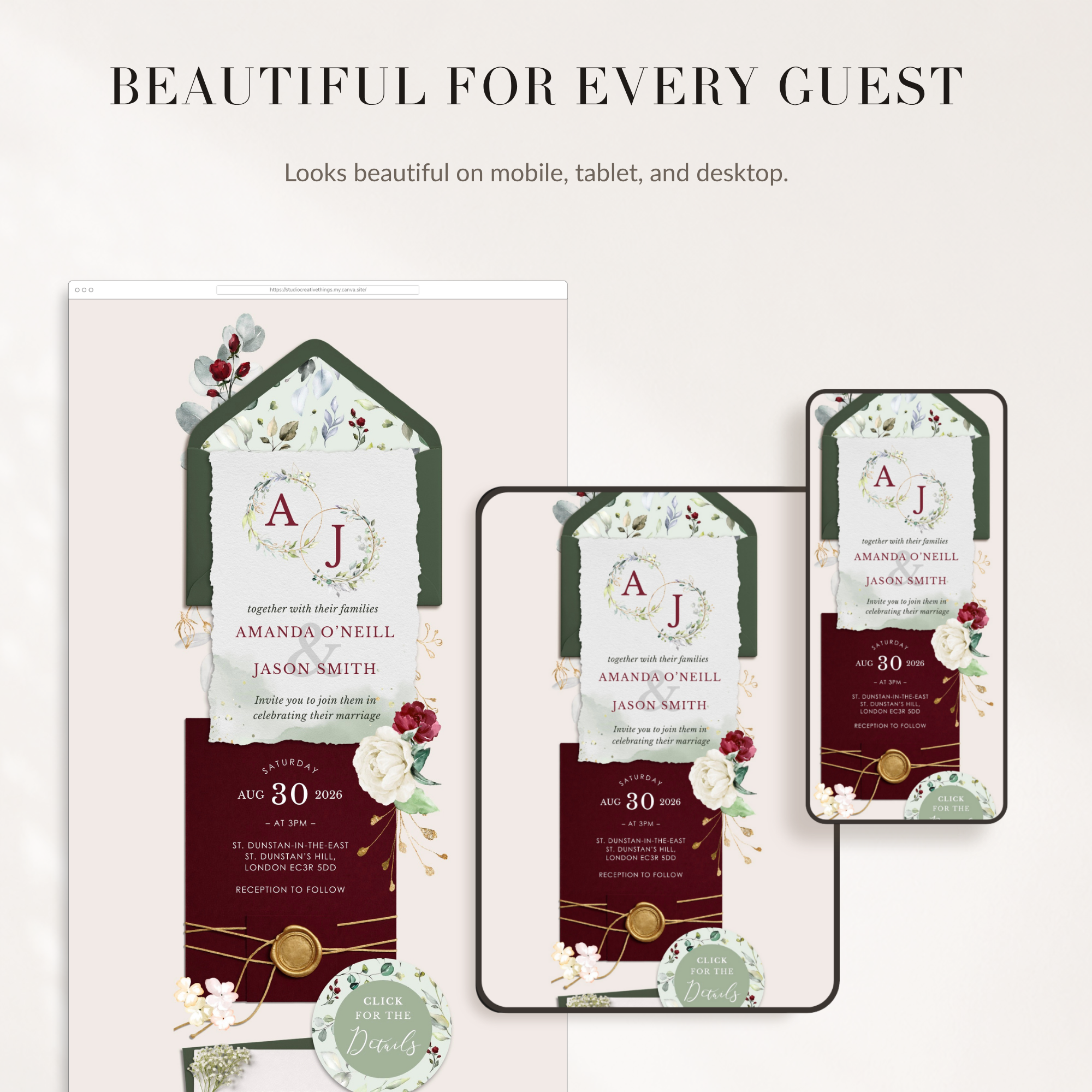 Flora Wedding Website Template for Canva with RSVP - Burgundy &amp; Olive Green