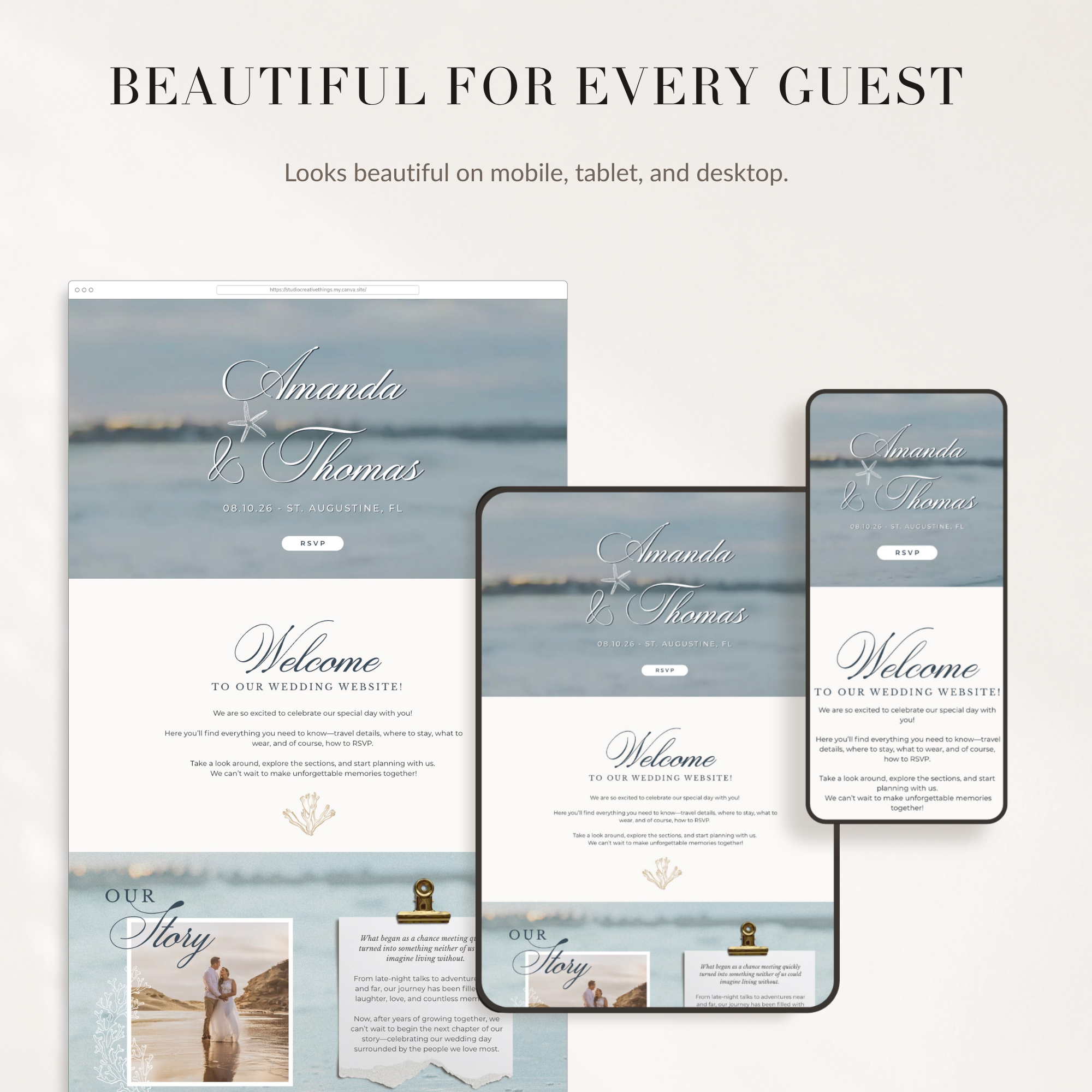 Beach Themed Canva Wedding Website Template with Online RSVP