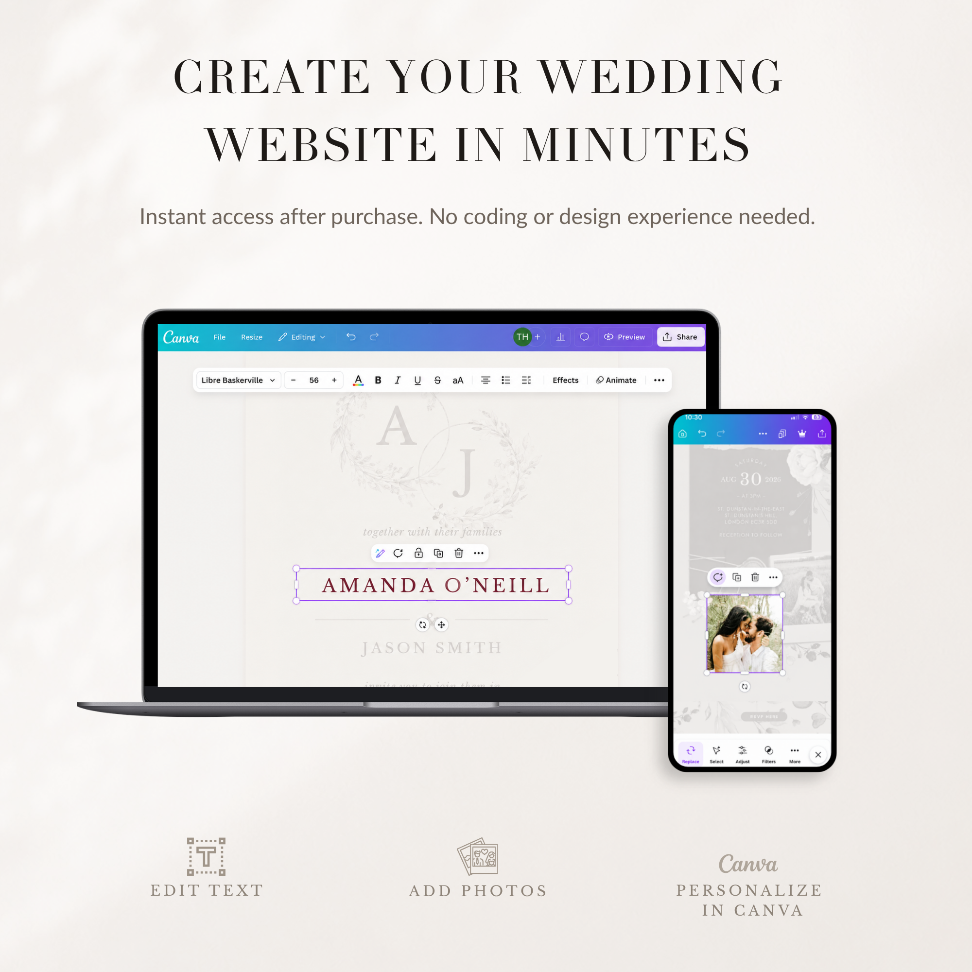 Old Money Wedding Website Template for Canva with RSVP