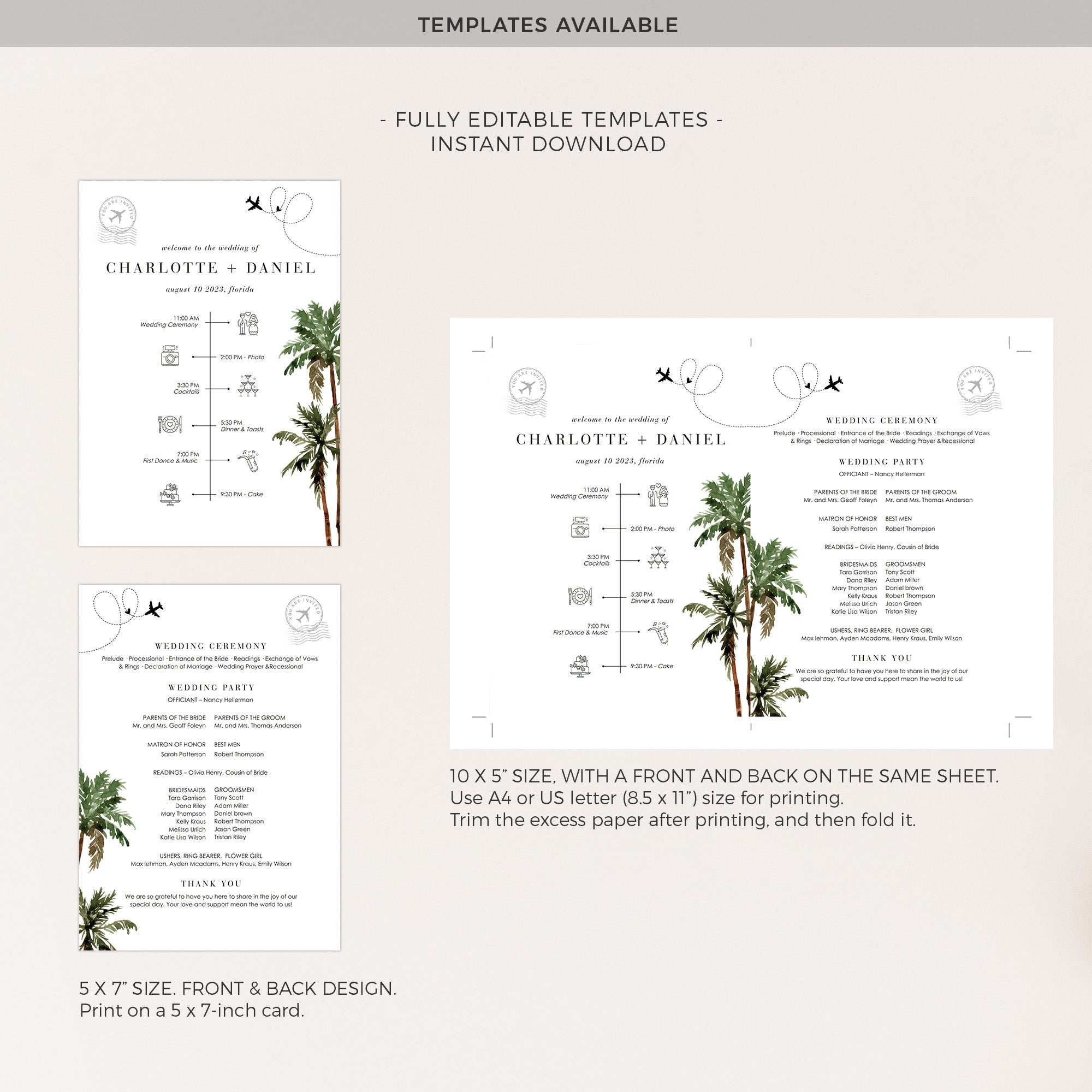 KONA Palm Trees Wedding Program Fan Template