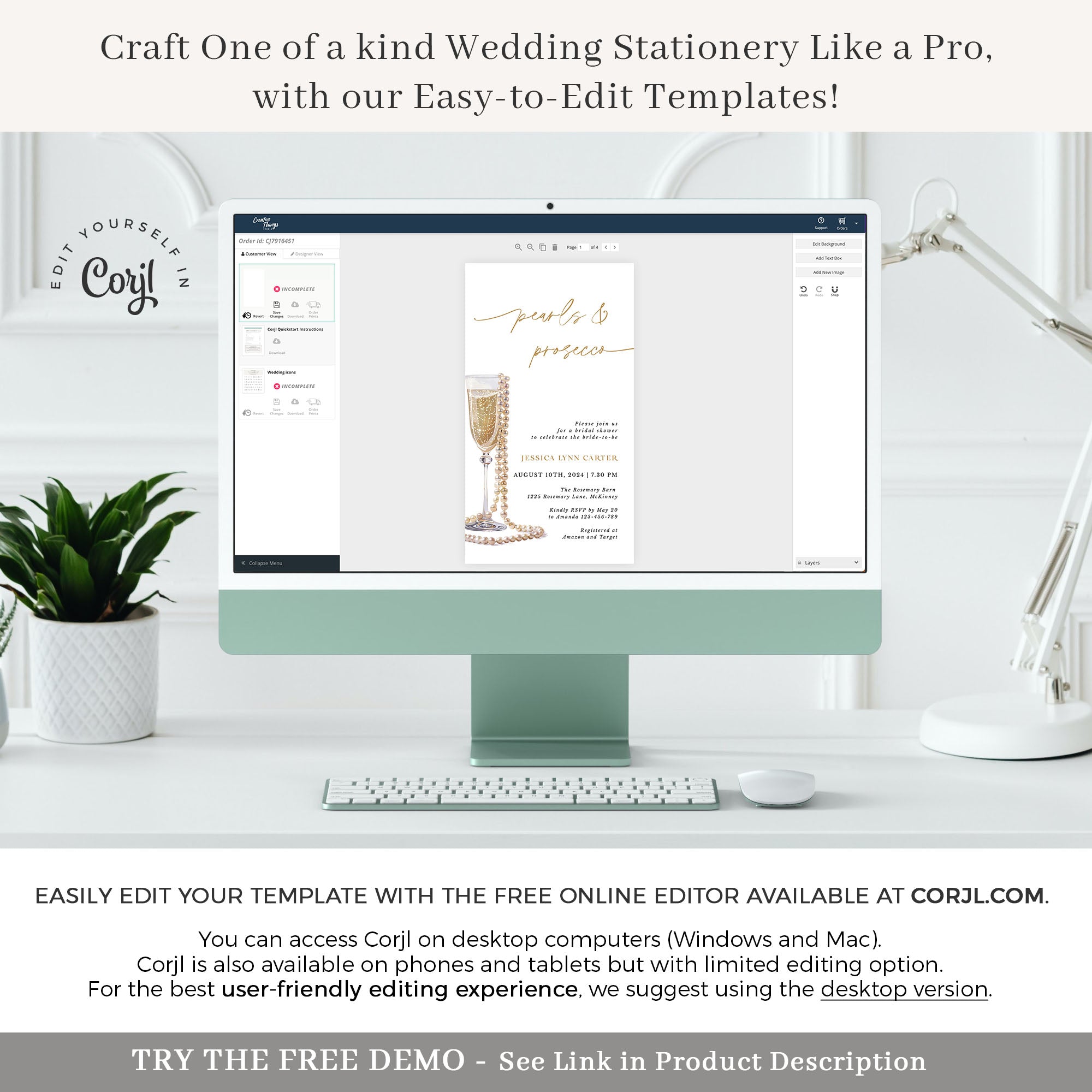 Pearls and Prosecco Bridal Shower Card Digital