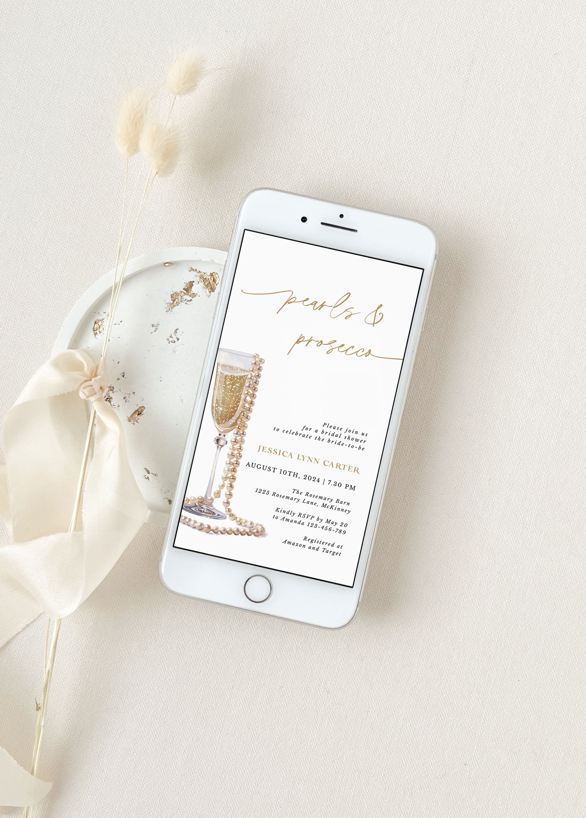Pearls and Prosecco Bridal Shower Card Digital