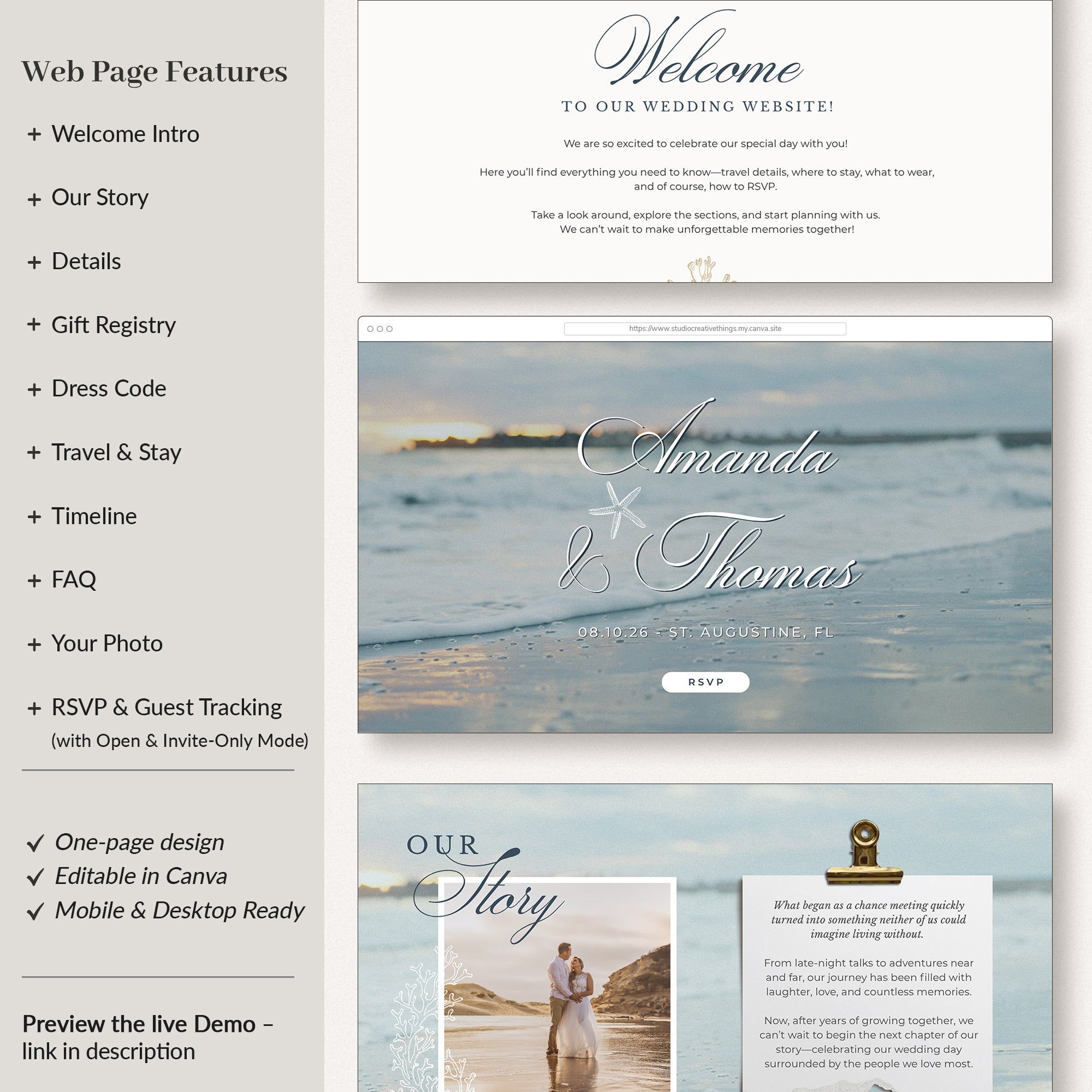 Beach Themed Canva Wedding Website Template with Online RSVP